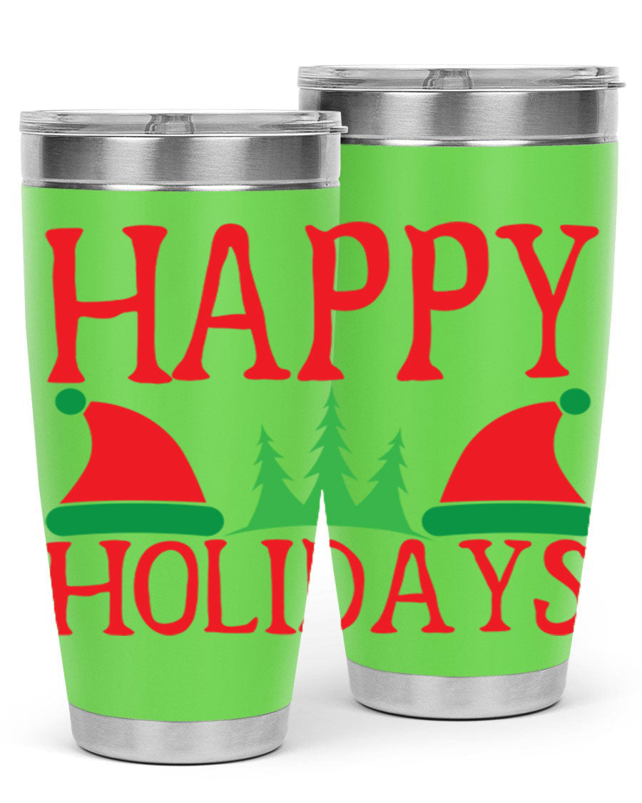 Happy Holidays 20oz Tumbler featuring double wall vacuum stainless steel design, perfect for hot and cold beverages.
