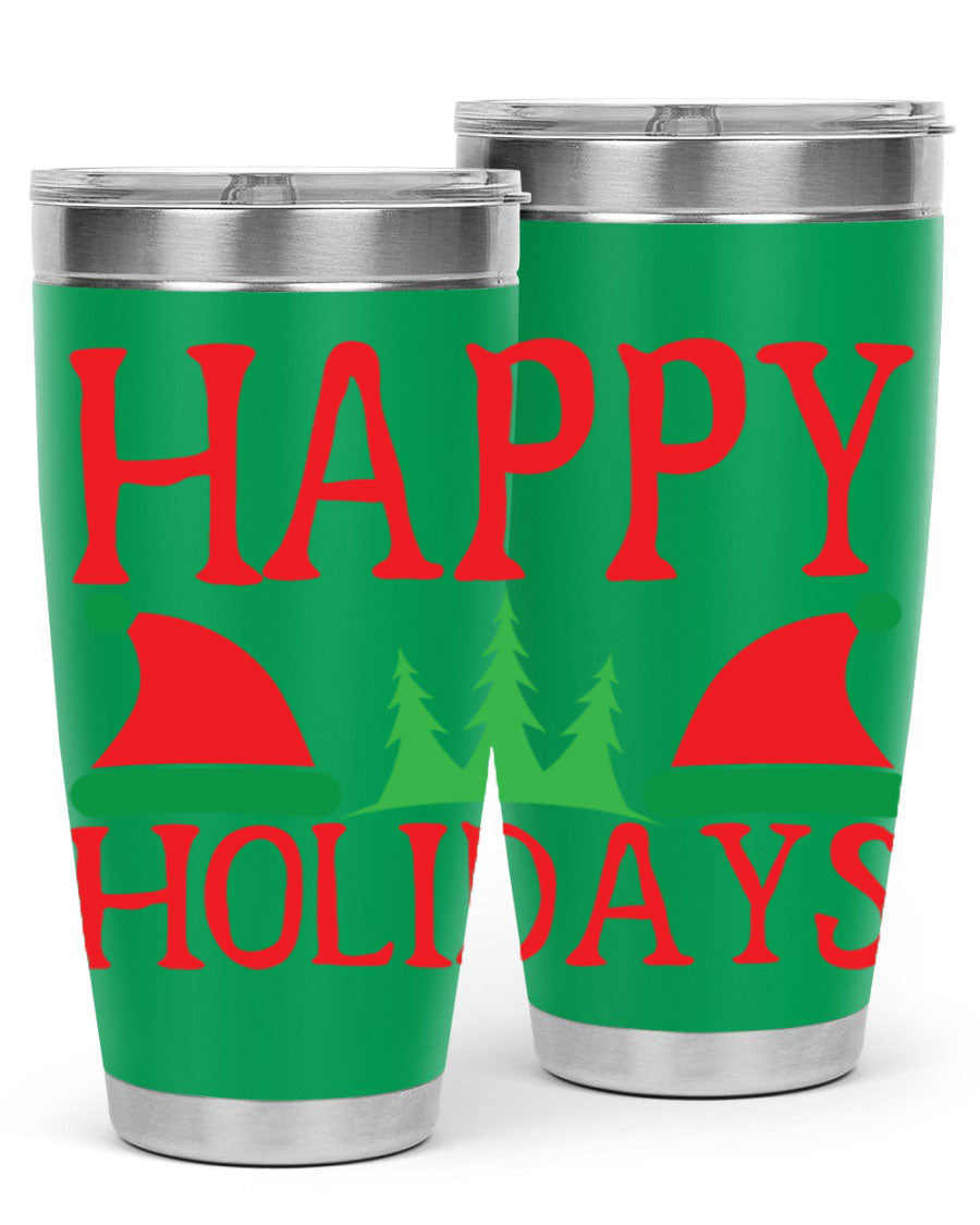 Happy Holidays 20oz Tumbler featuring double wall vacuum stainless steel design, perfect for hot and cold beverages.
