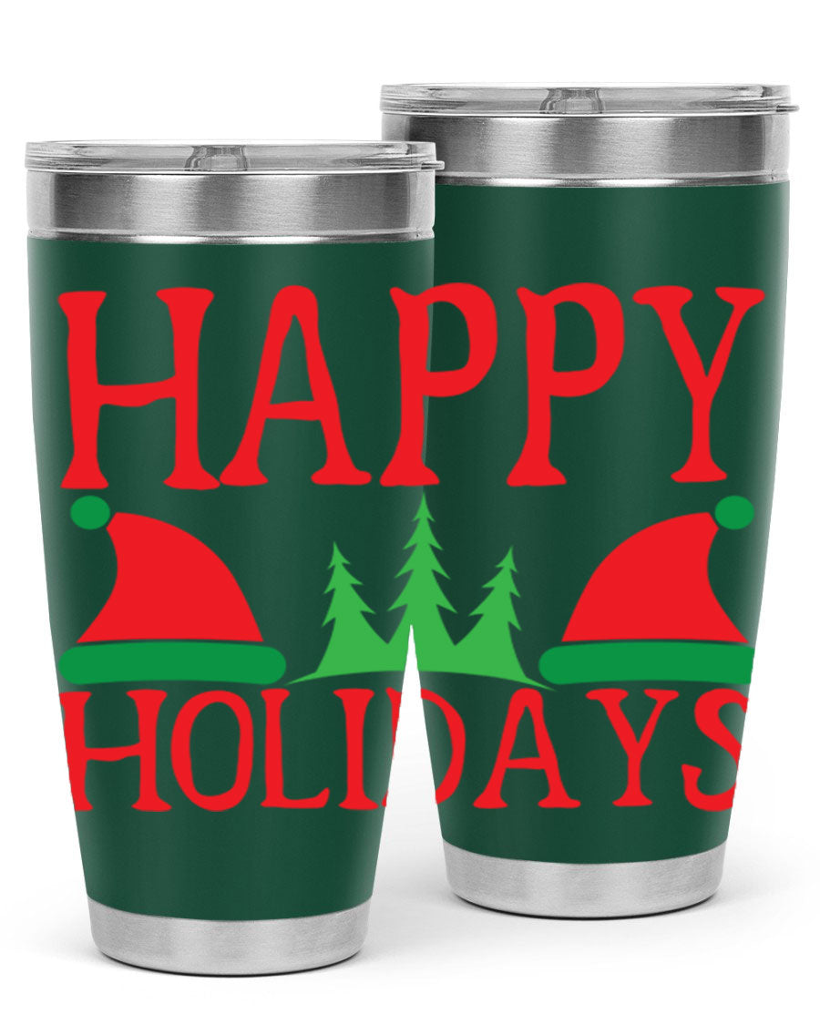 Happy Holidays 20oz Tumbler featuring double wall vacuum stainless steel design, perfect for hot and cold beverages.
