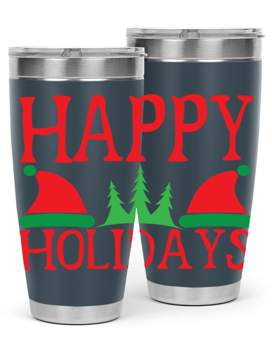 Happy Holidays 20oz Tumbler featuring double wall vacuum stainless steel design, perfect for hot and cold beverages.