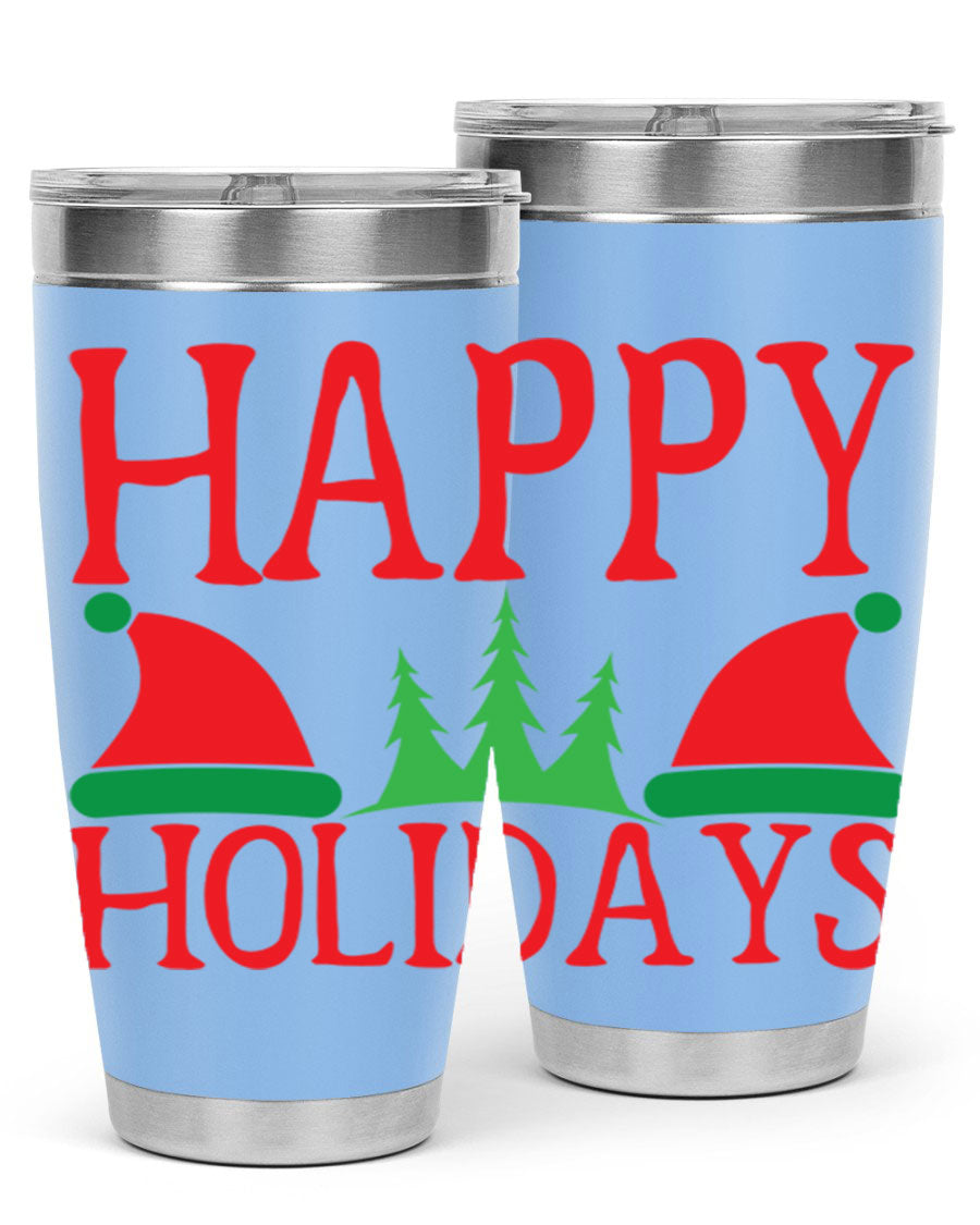 Happy Holidays 20oz Tumbler featuring double wall vacuum stainless steel design, perfect for hot and cold beverages.