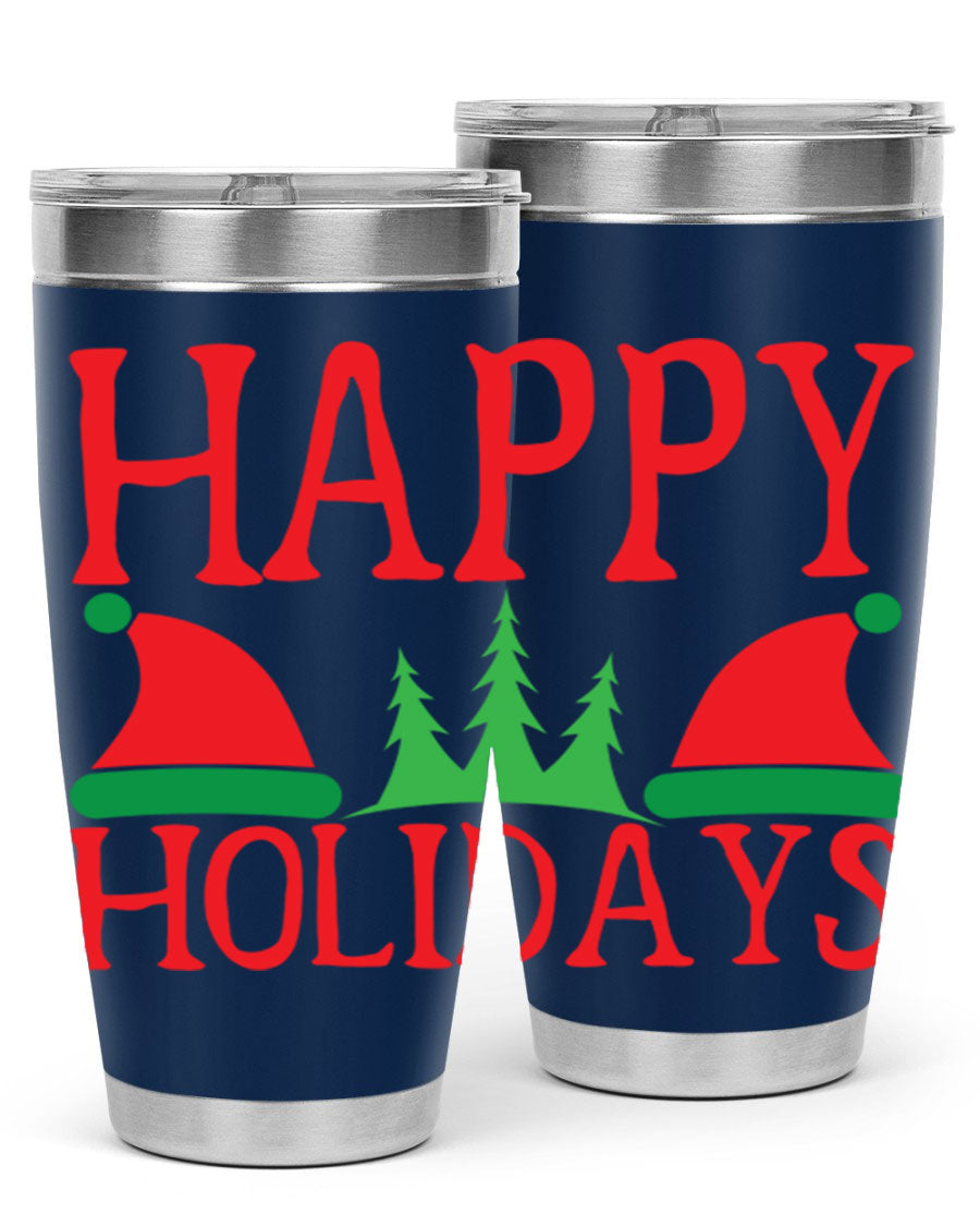 Happy Holidays 20oz Tumbler featuring double wall vacuum stainless steel design, perfect for hot and cold beverages.