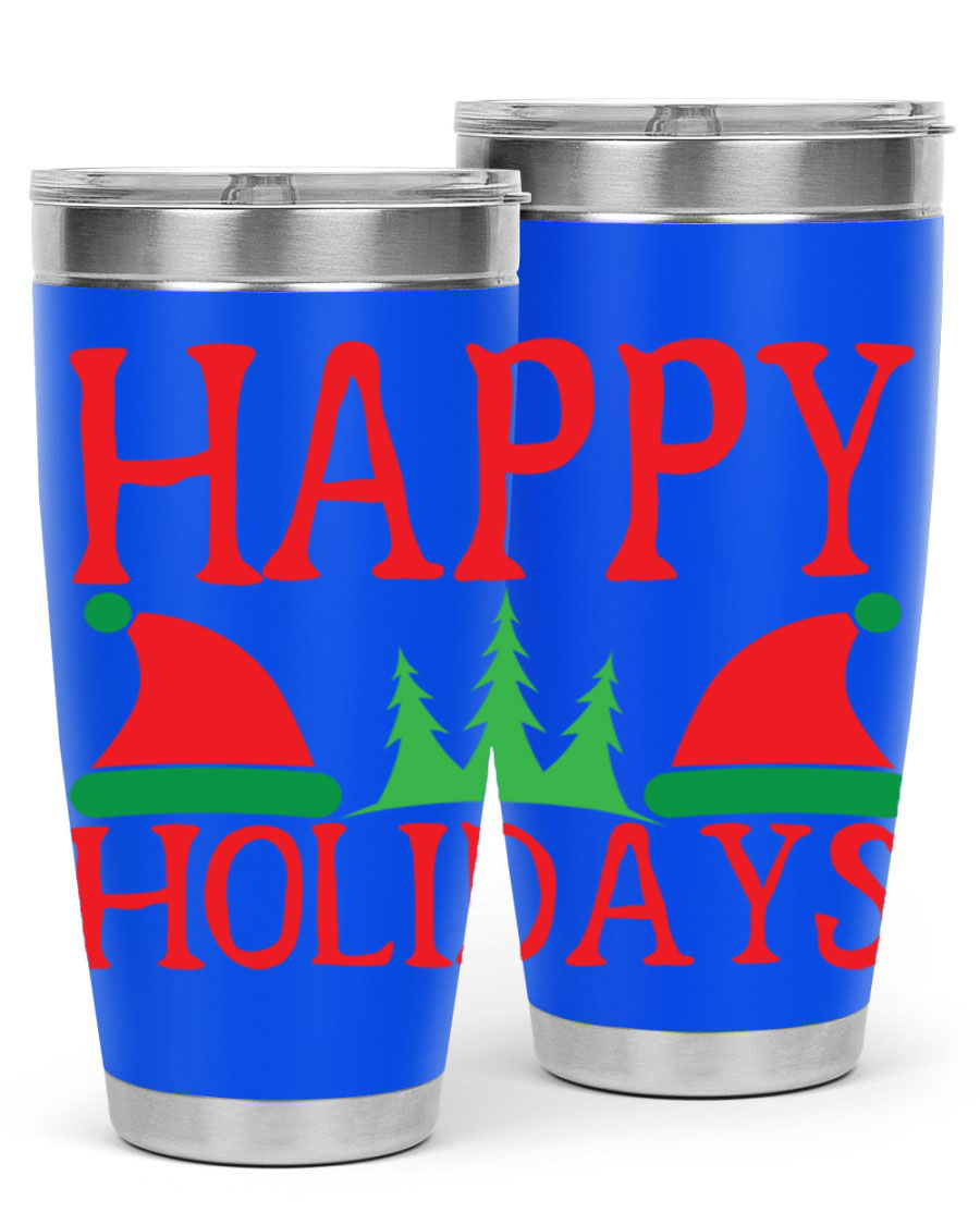 Happy Holidays 20oz Tumbler featuring double wall vacuum stainless steel design, perfect for hot and cold beverages.