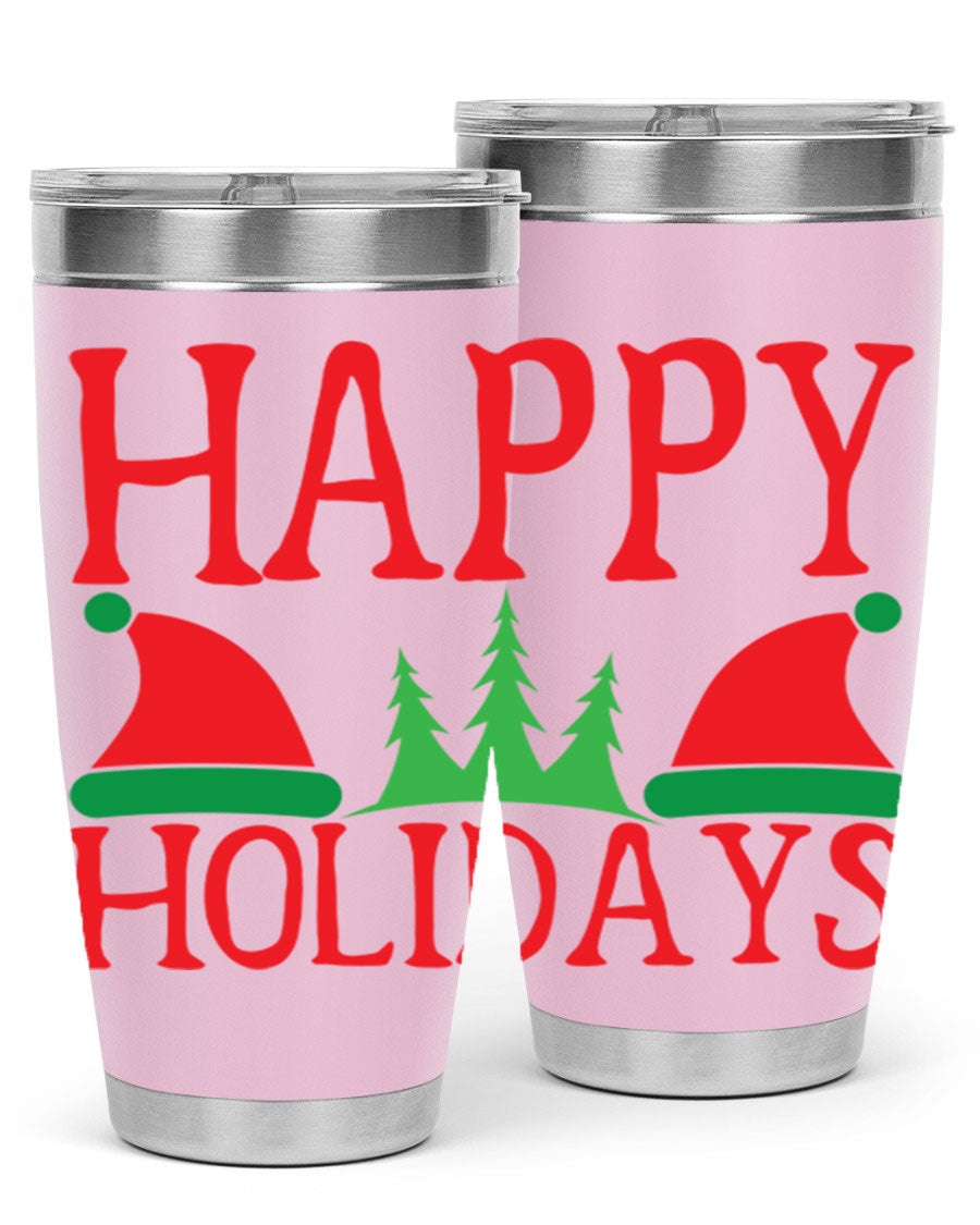 Happy Holidays 20oz Tumbler featuring double wall vacuum stainless steel design, perfect for hot and cold beverages.