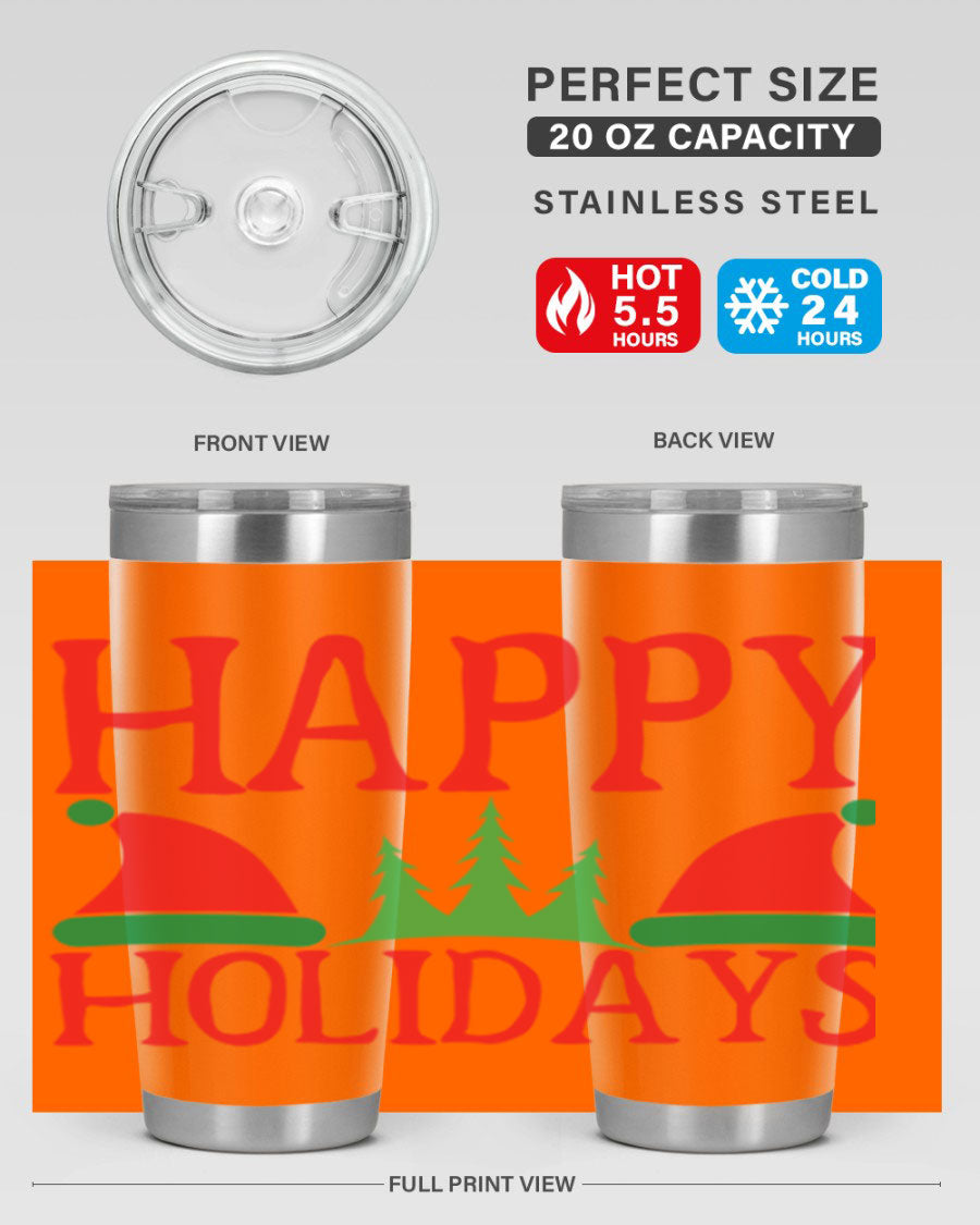 Happy Holidays 20oz Tumbler featuring double wall vacuum stainless steel design, perfect for hot and cold beverages.