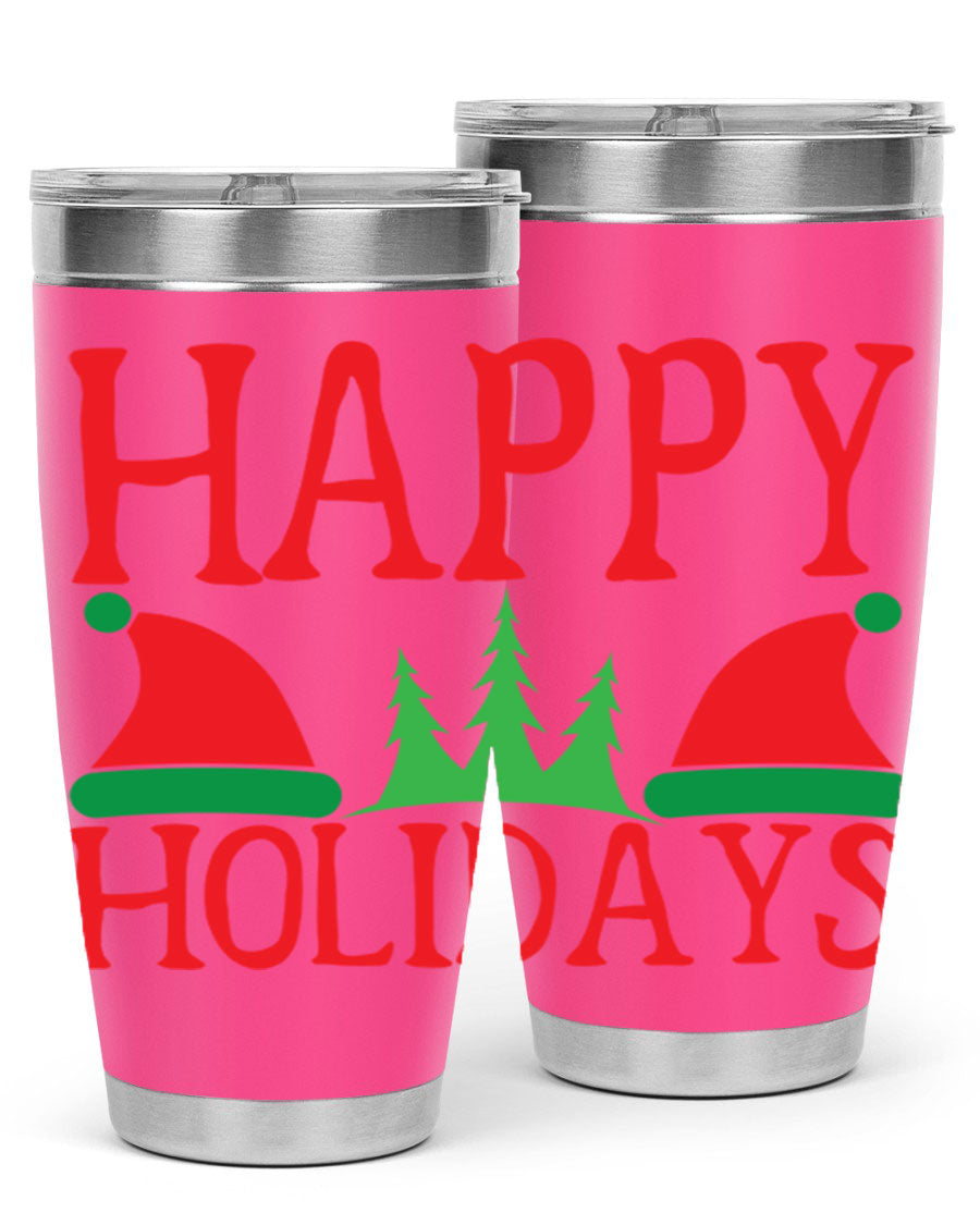 Happy Holidays 20oz Tumbler featuring double wall vacuum stainless steel design, perfect for hot and cold beverages.
