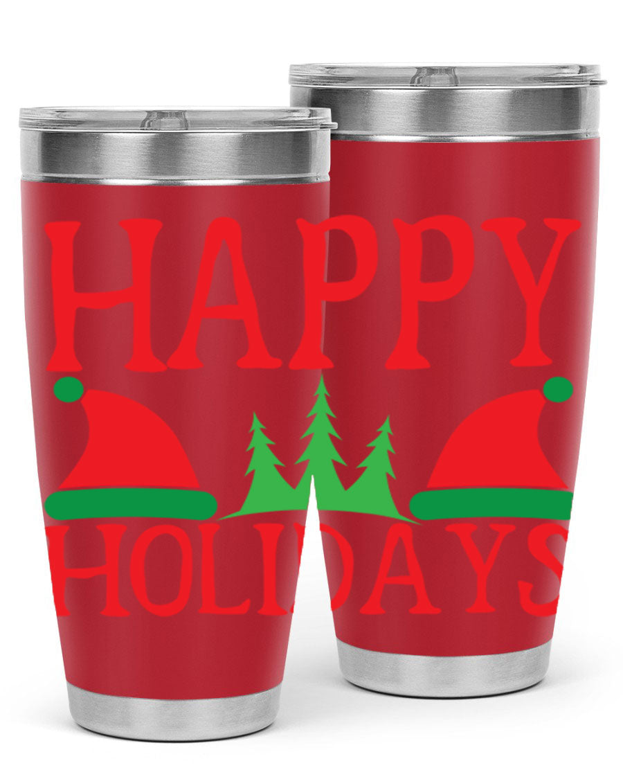 Happy Holidays 20oz Tumbler featuring double wall vacuum stainless steel design, perfect for hot and cold beverages.
