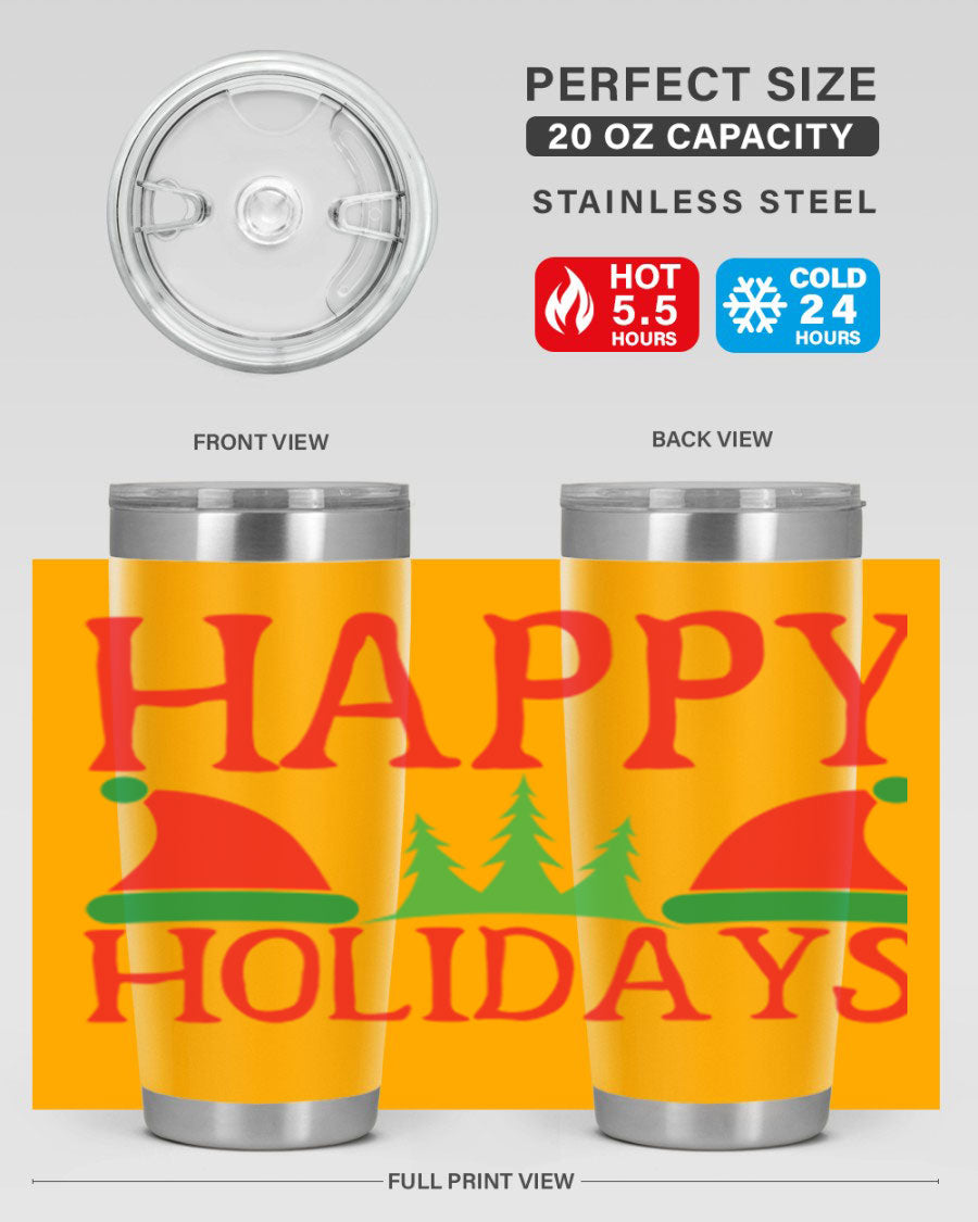 Happy Holidays 20oz Tumbler featuring double wall vacuum stainless steel design, perfect for hot and cold beverages.