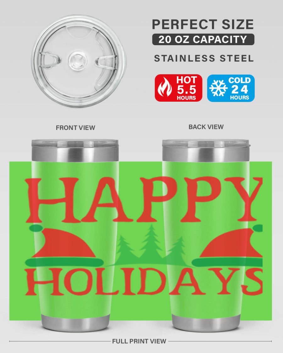 Happy Holidays 20oz Tumbler featuring double wall vacuum stainless steel design, perfect for hot and cold beverages.