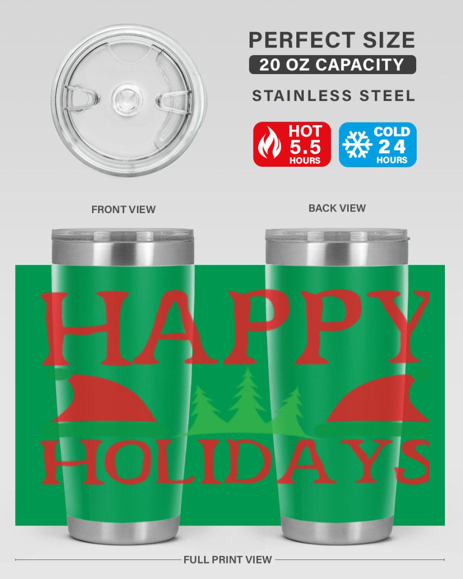 Happy Holidays 20oz Tumbler featuring double wall vacuum stainless steel design, perfect for hot and cold beverages.