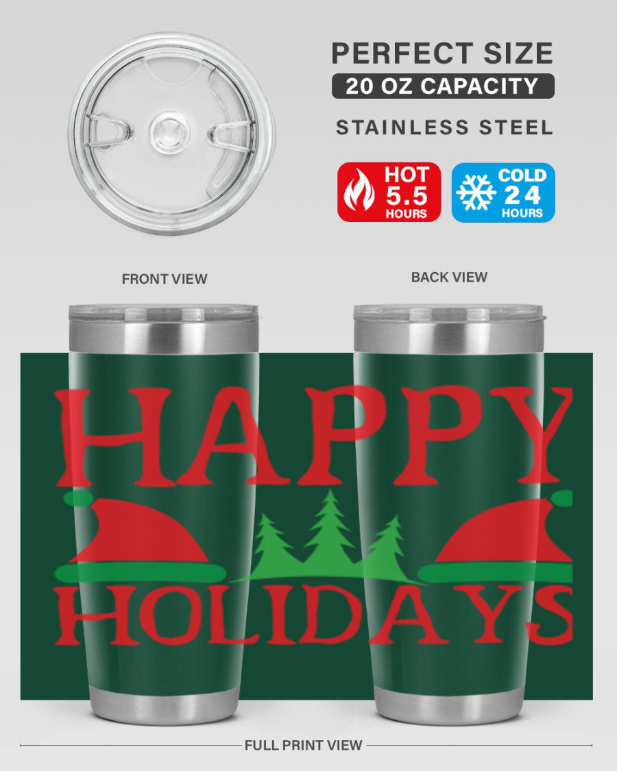 Happy Holidays 20oz Tumbler featuring double wall vacuum stainless steel design, perfect for hot and cold beverages.