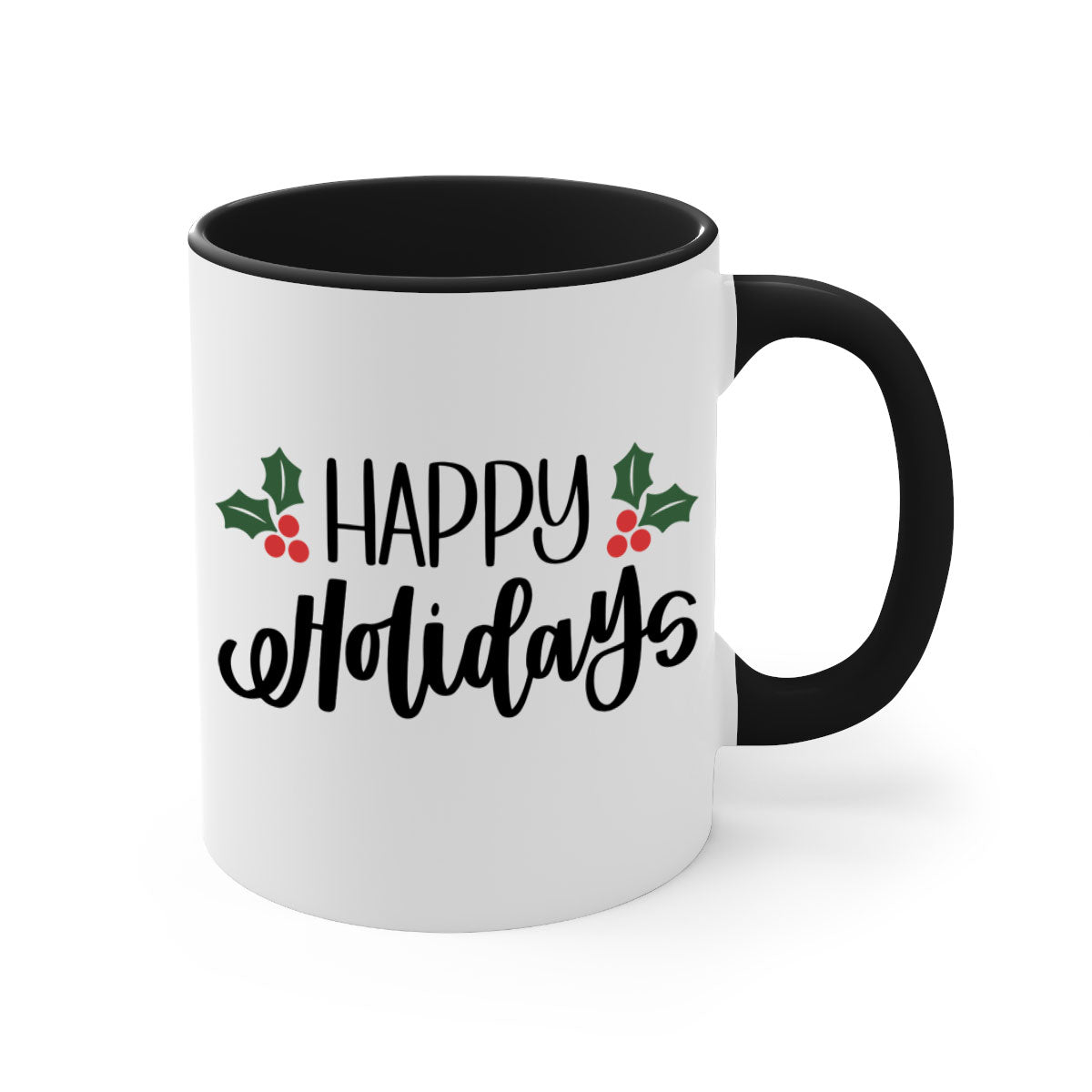 Happy Holidays Christmas Mug with a glossy finish, featuring a colored handle and interior, available in five vibrant colors.