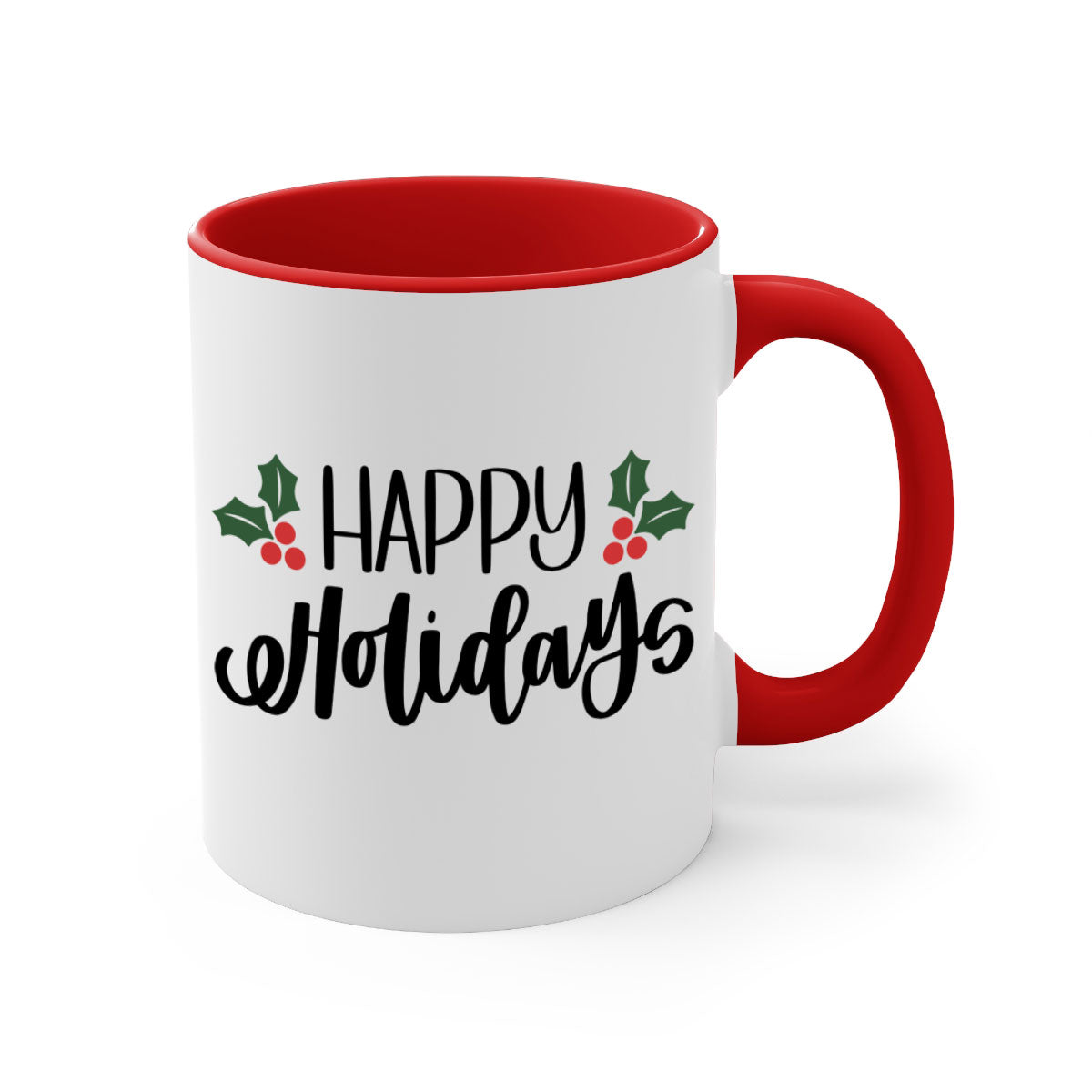 Happy Holidays Christmas Mug with a glossy finish, featuring a colored handle and interior, available in five vibrant colors.