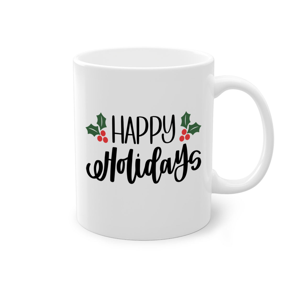 Happy Holidays Christmas Mug with a glossy finish, featuring a colored handle and interior, available in five vibrant colors.