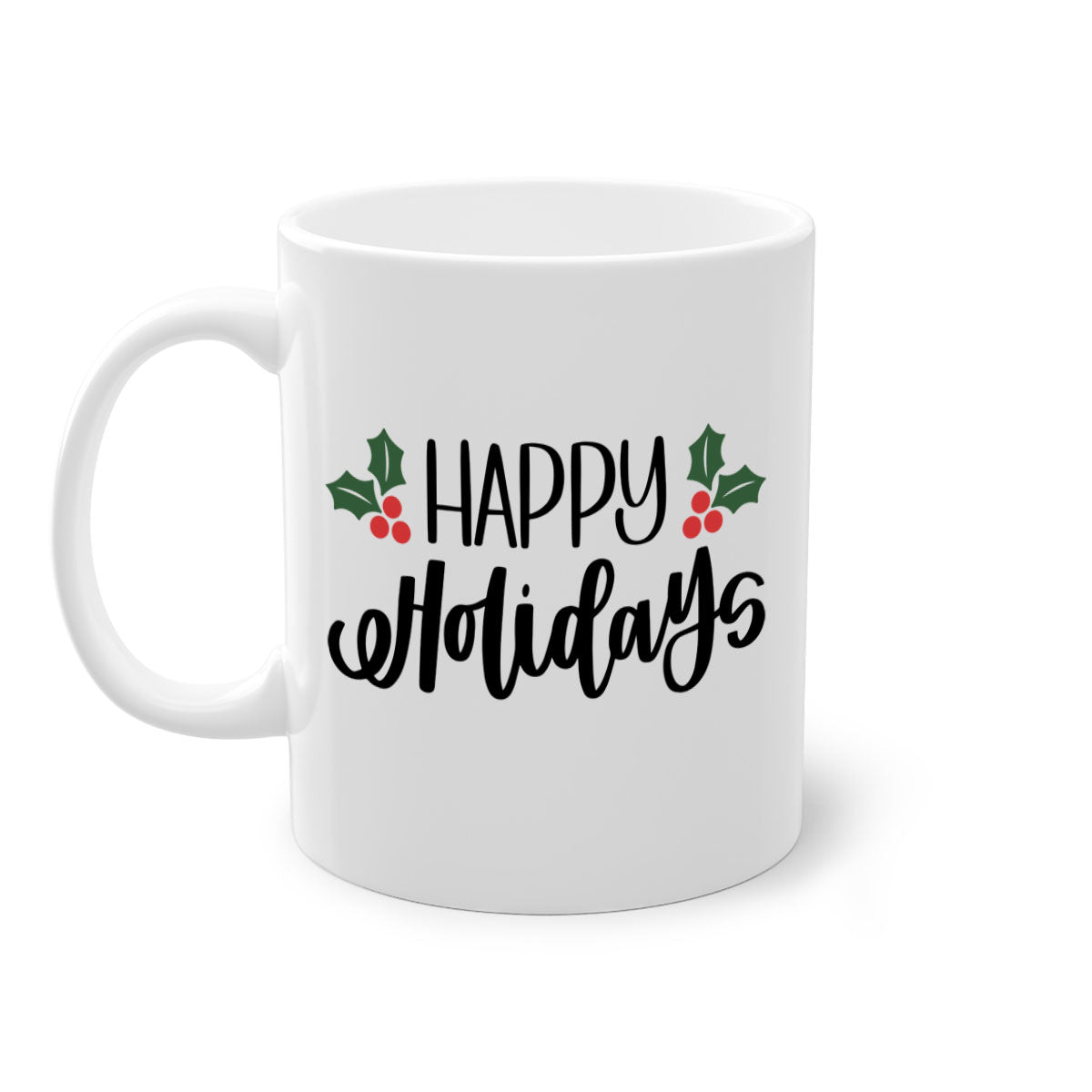 Happy Holidays Christmas Mug with a glossy finish, featuring a colored handle and interior, available in five vibrant colors.