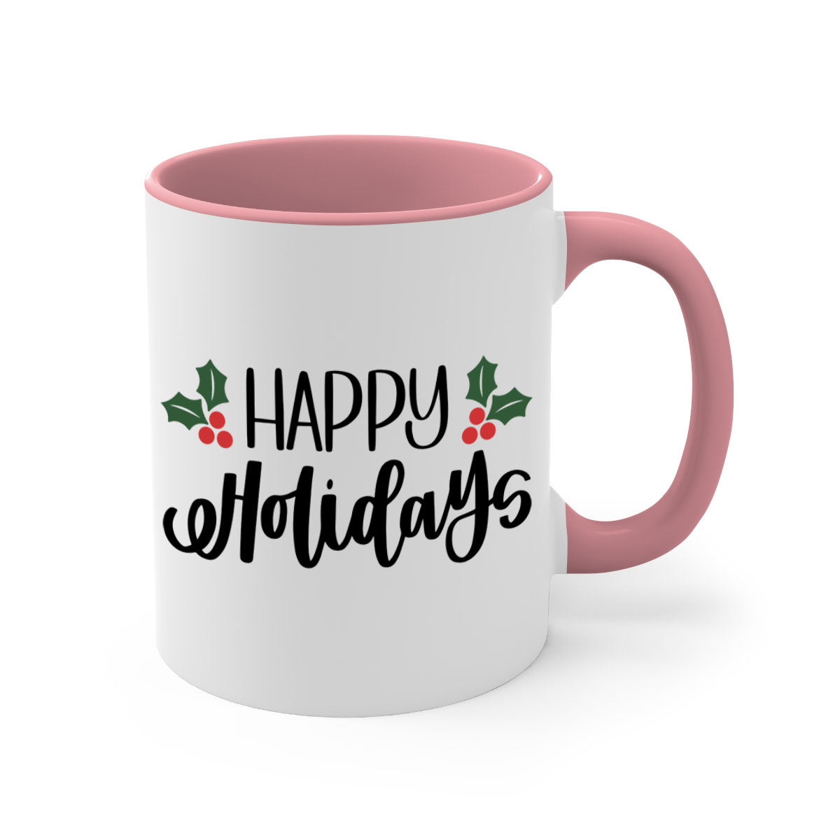 Happy Holidays Christmas Mug with a glossy finish, featuring a colored handle and interior, available in five vibrant colors.