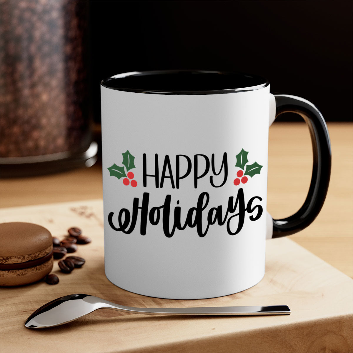 Happy Holidays Christmas Mug with a glossy finish, featuring a colored handle and interior, available in five vibrant colors.