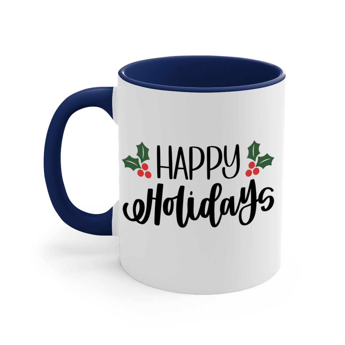 Happy Holidays Christmas Mug with a glossy finish, featuring a colored handle and interior, available in five vibrant colors.