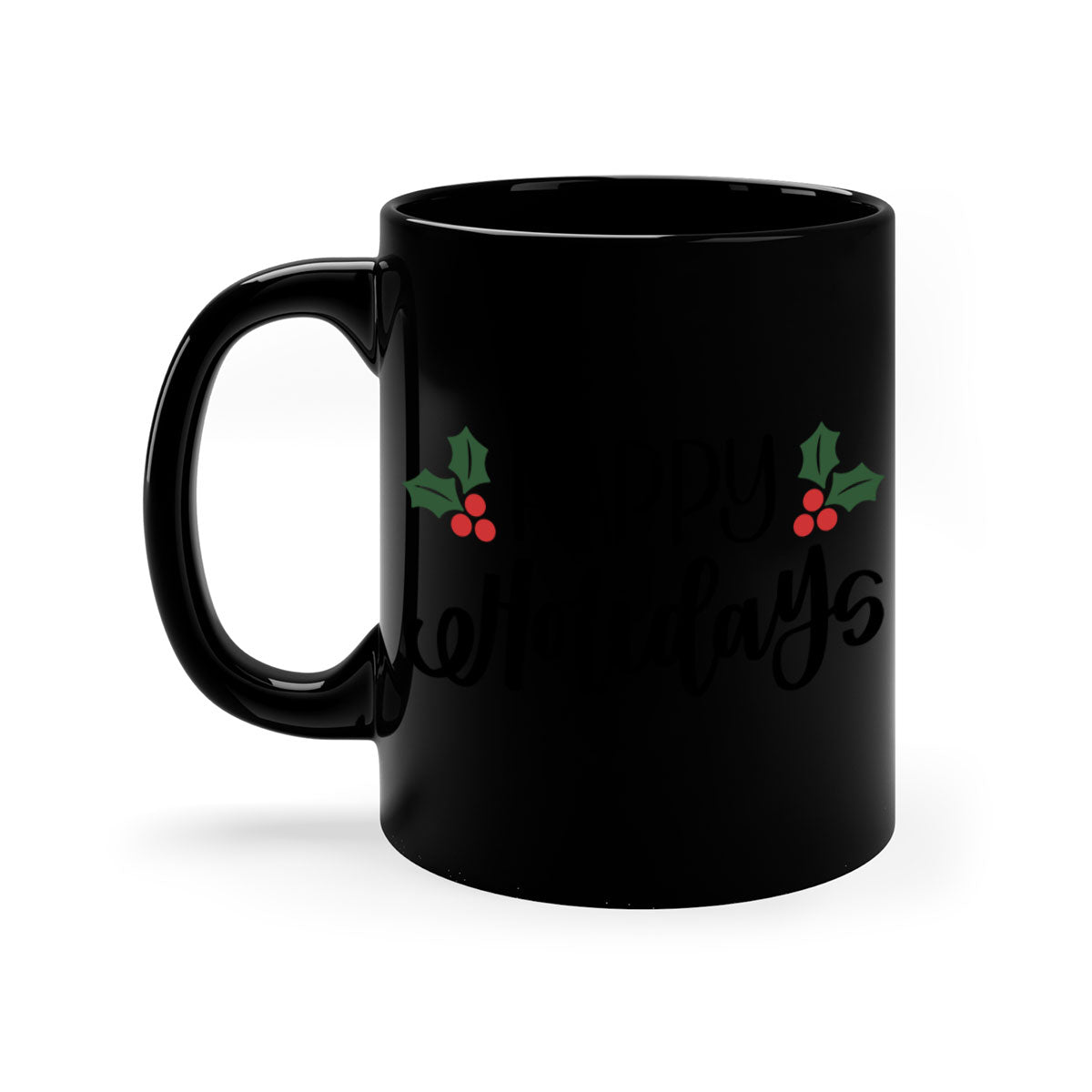 Happy Holidays Christmas Mug with a glossy finish, featuring a colored handle and interior, available in five vibrant colors.