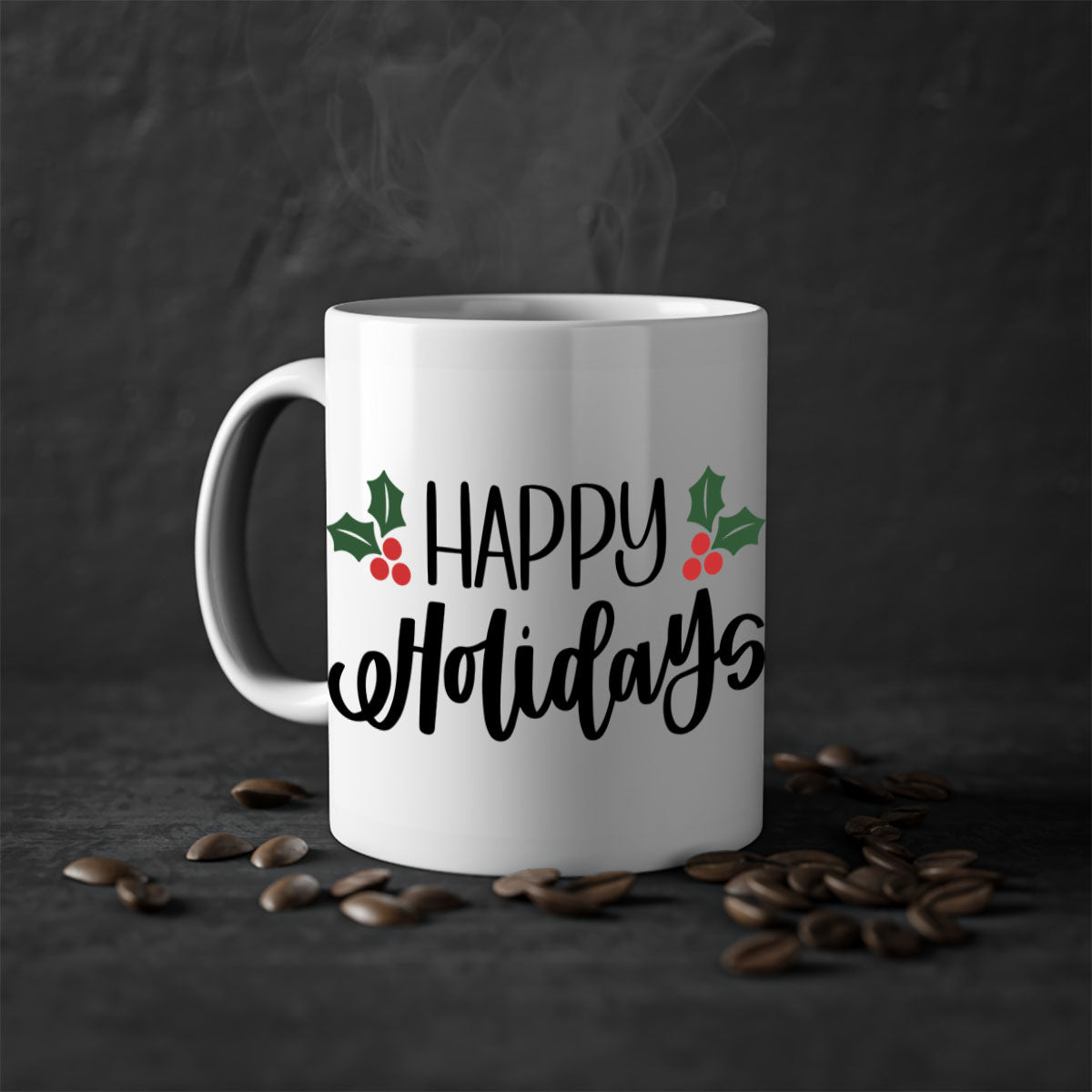 Happy Holidays Christmas Mug with a glossy finish, featuring a colored handle and interior, available in five vibrant colors.