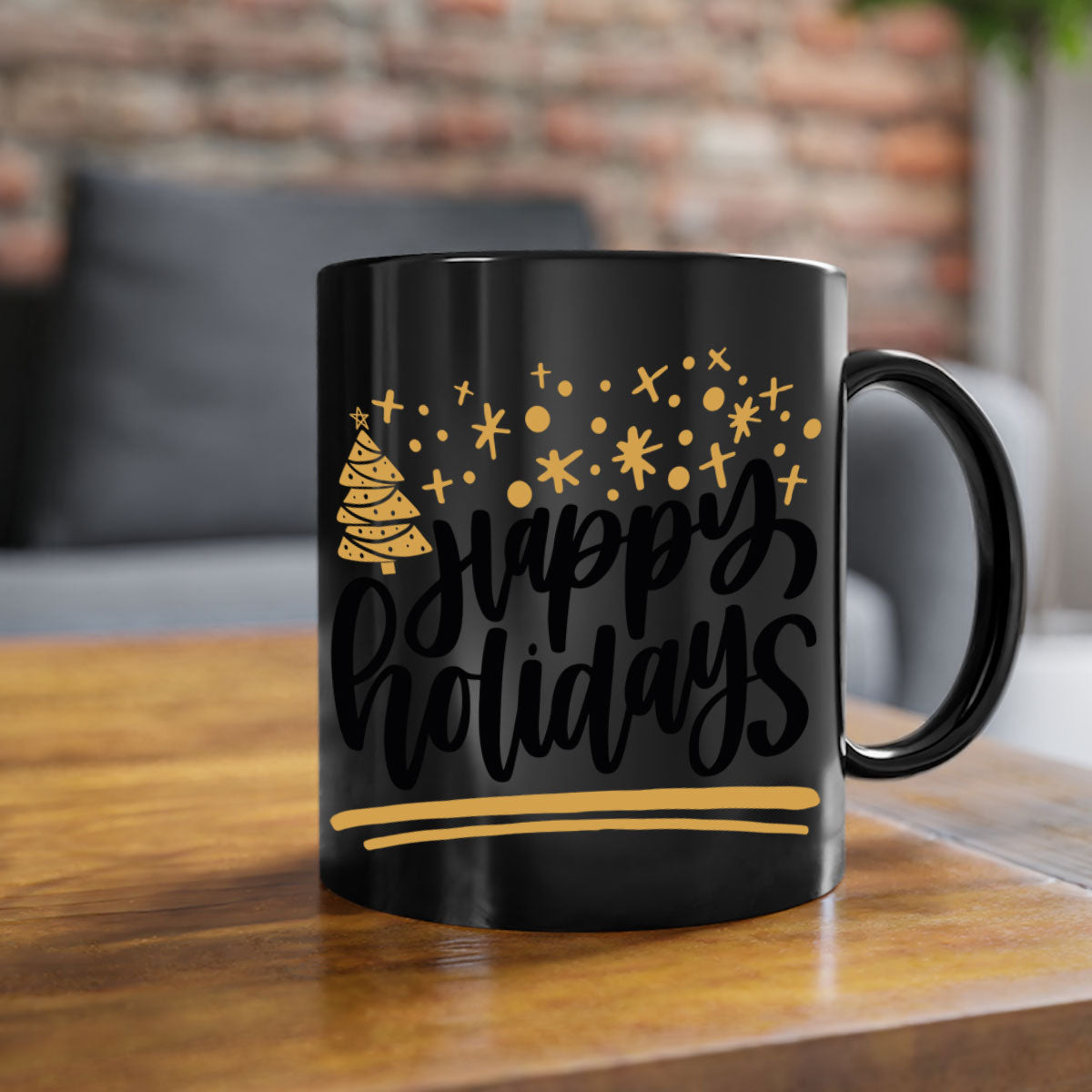 Happy Holidays Gold Mug with a glossy finish, featuring a colored handle and interior, available in multiple colors.