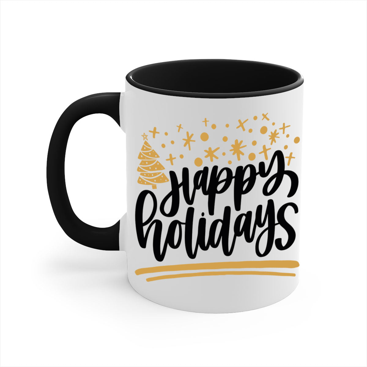 Happy Holidays Gold Mug with a glossy finish, featuring a colored handle and interior, available in multiple colors.