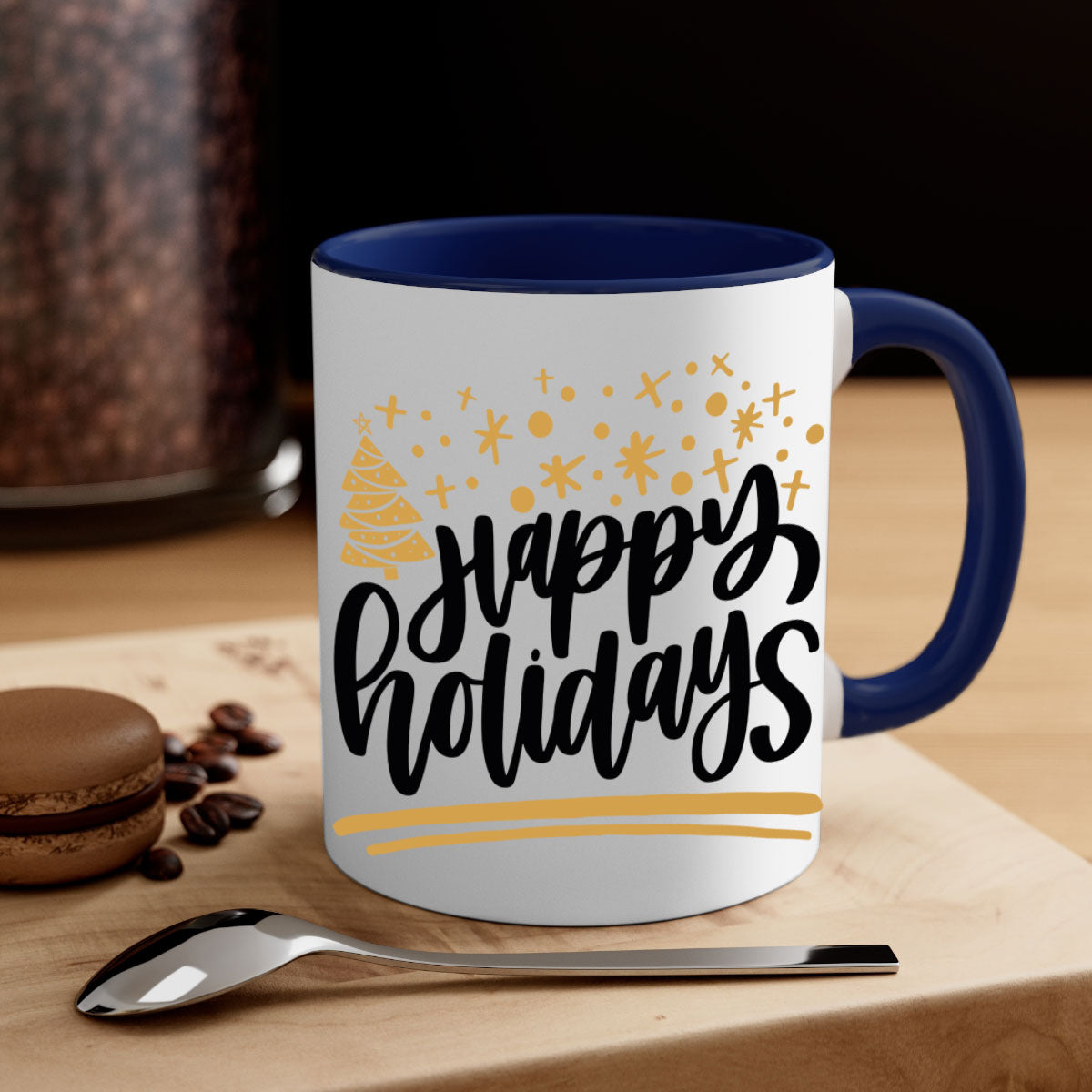 Happy Holidays Gold Mug with a glossy finish, featuring a colored handle and interior, available in multiple colors.