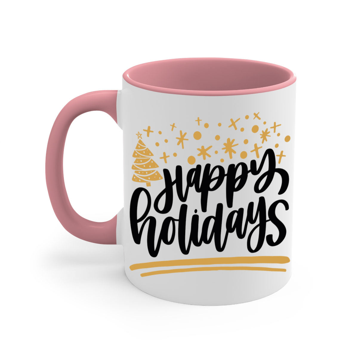 Happy Holidays Gold Mug with a glossy finish, featuring a colored handle and interior, available in multiple colors.