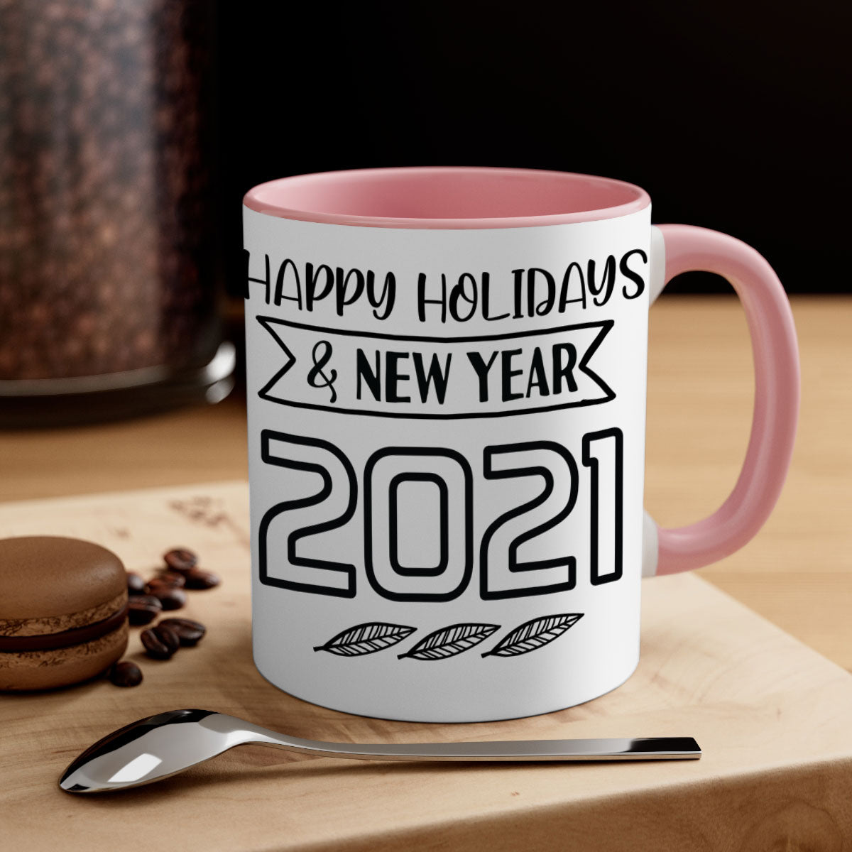 Happy Holidays New Year Mug with colorful handle and glossy finish, perfect for coffee or tea.
