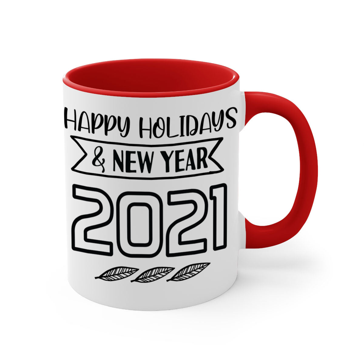 Happy Holidays New Year Mug with colorful handle and glossy finish, perfect for coffee or tea.