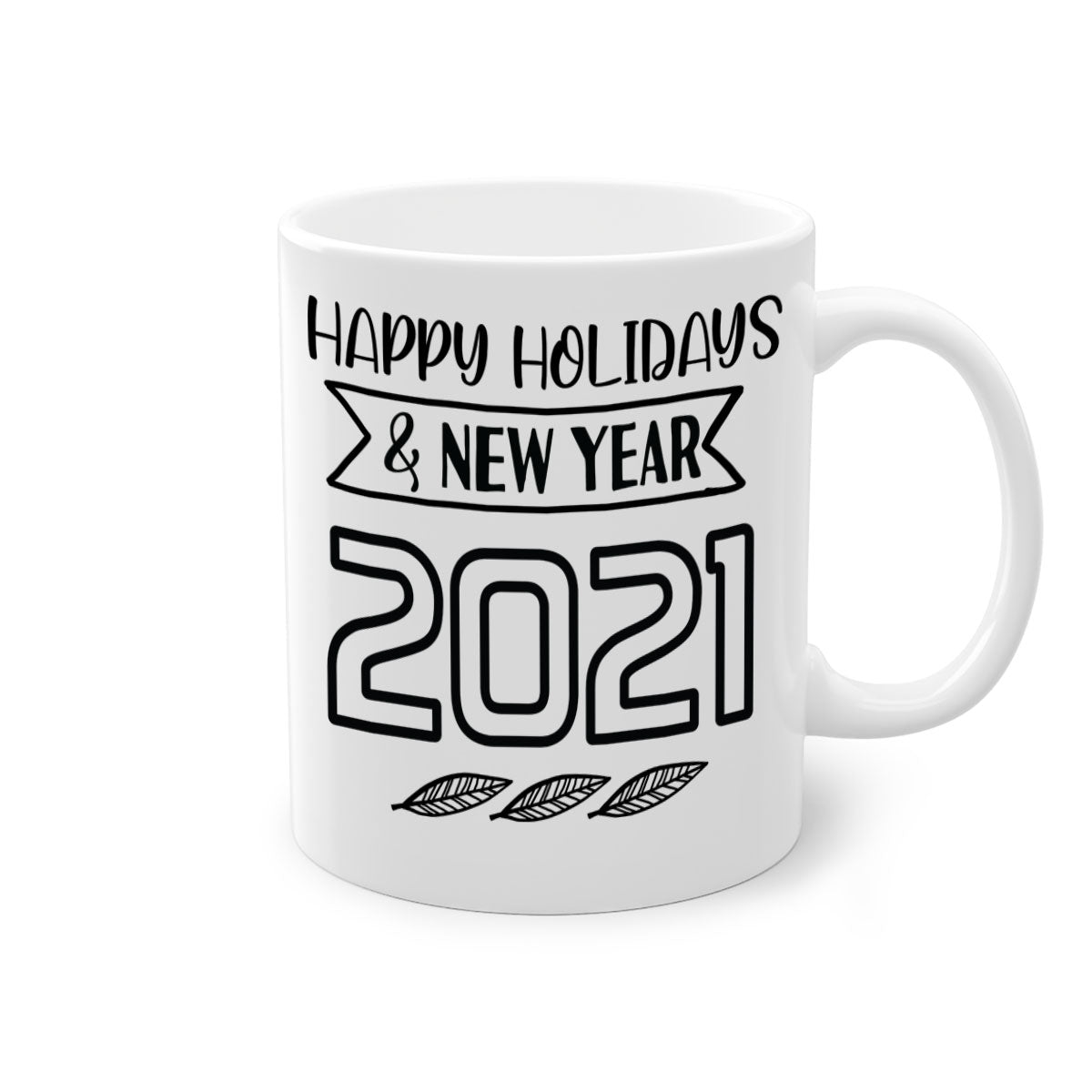 Happy Holidays New Year Mug with colorful handle and glossy finish, perfect for coffee or tea.