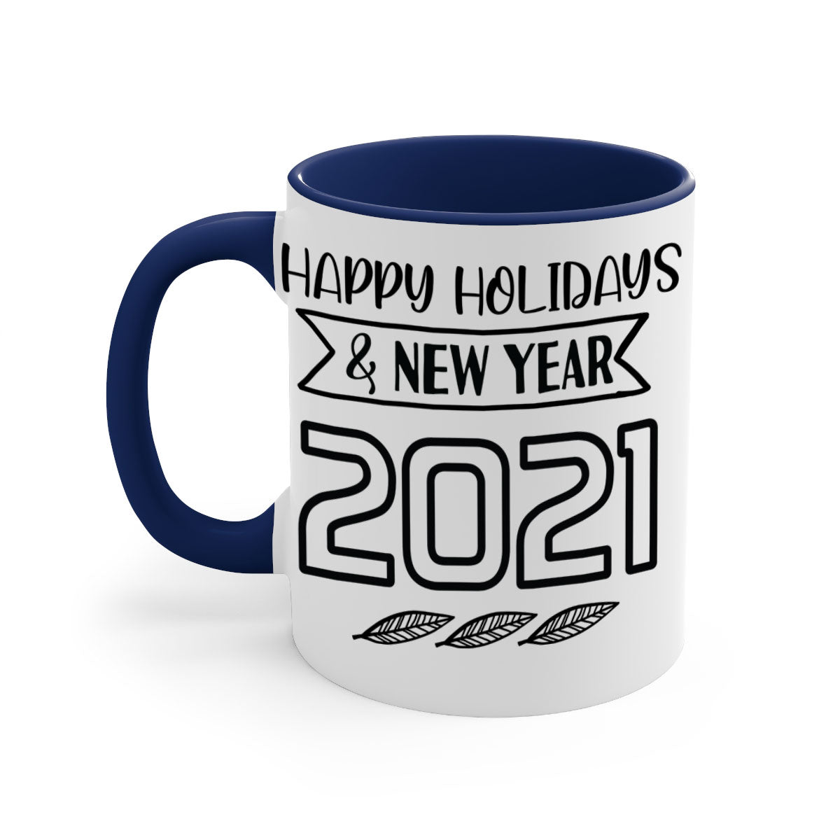 Happy Holidays New Year Mug with colorful handle and glossy finish, perfect for coffee or tea.