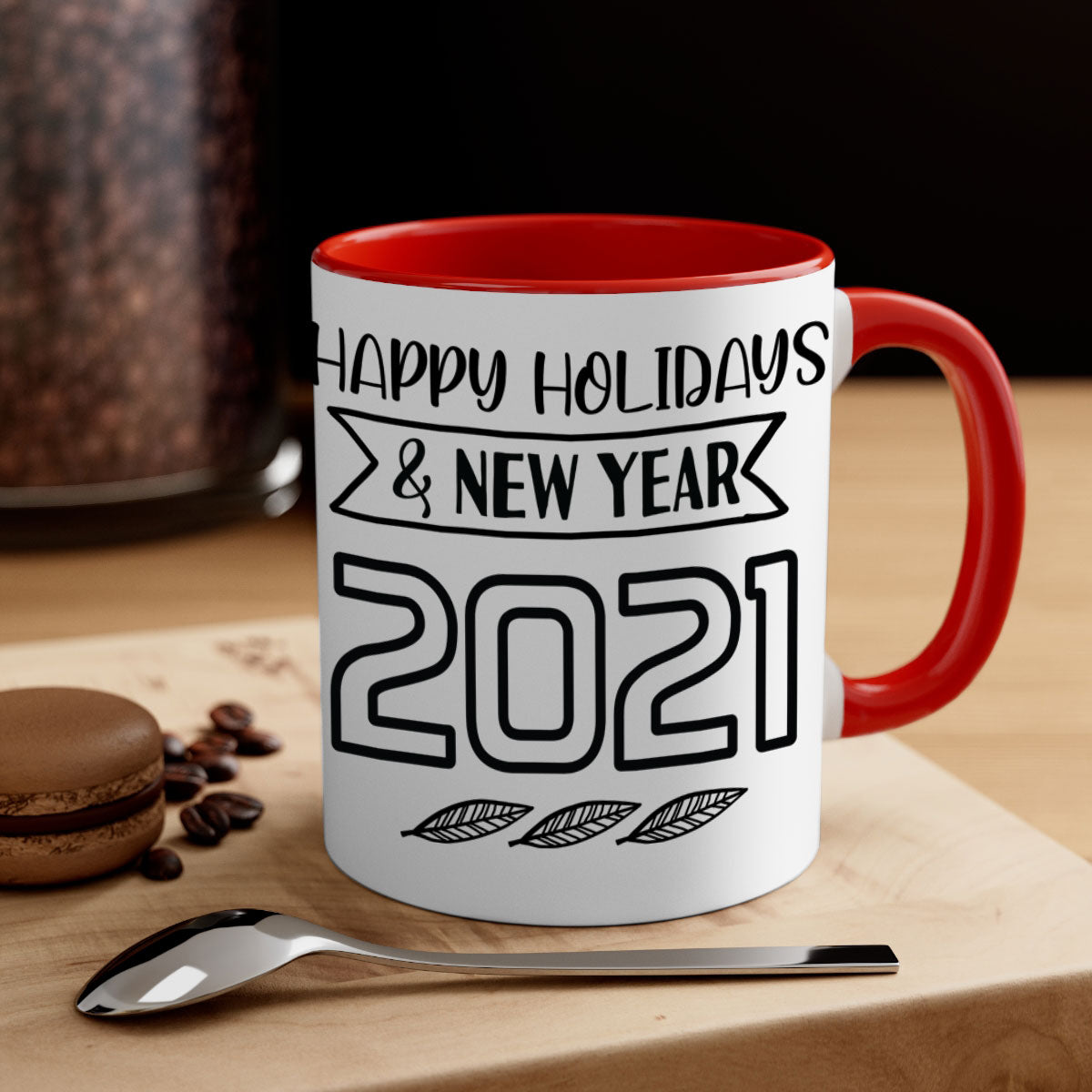 Happy Holidays New Year Mug with colorful handle and glossy finish, perfect for coffee or tea.