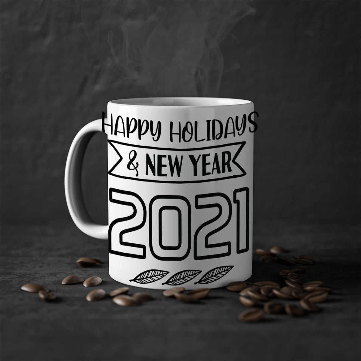 Happy Holidays New Year Mug with colorful handle and glossy finish, perfect for coffee or tea.