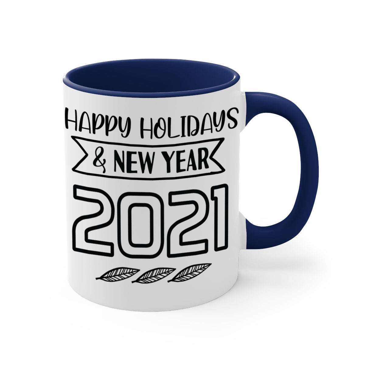 Happy Holidays New Year Mug with colorful handle and glossy finish, perfect for coffee or tea.