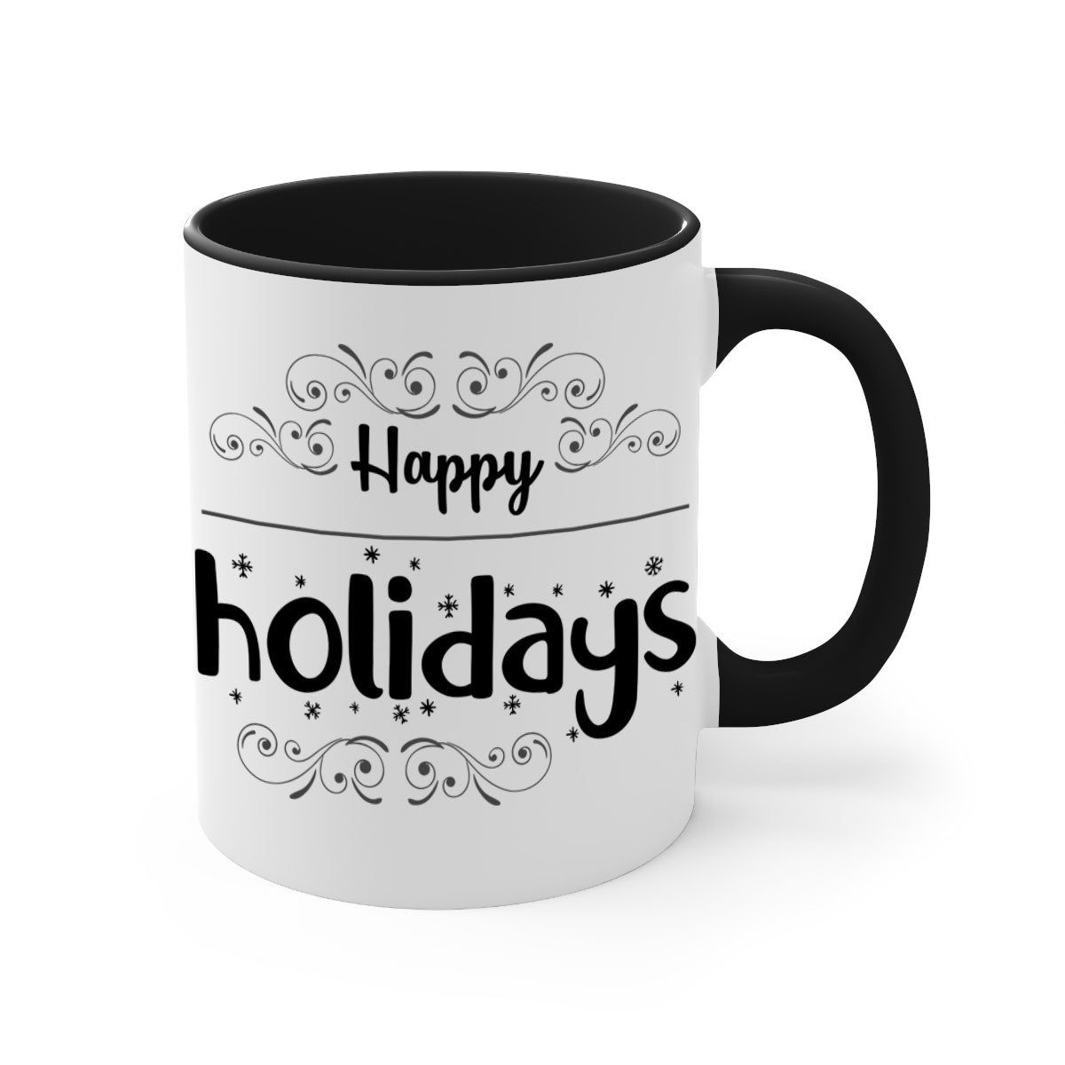 Happy Holidays style 256# Christmas Mug with a glossy finish and colored handle, available in multiple colors.