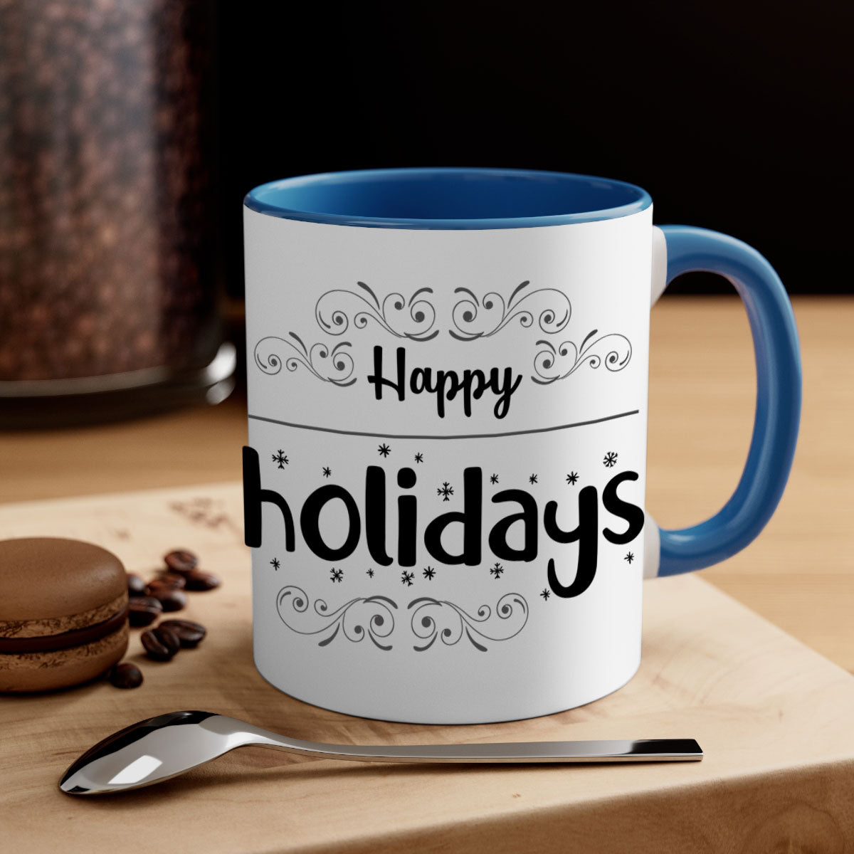 Happy Holidays style 256# Christmas Mug with a glossy finish and colored handle, available in multiple colors.