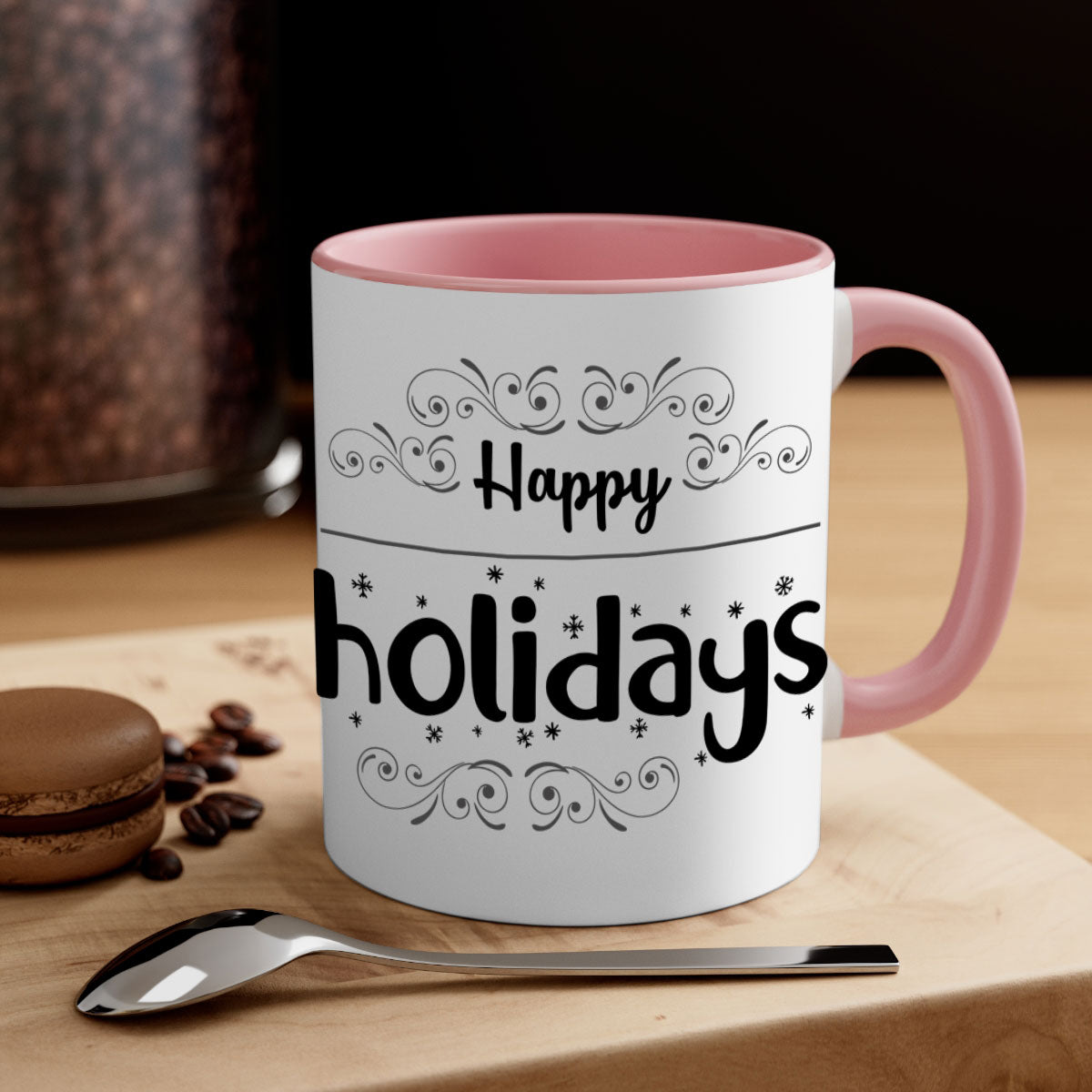 Happy Holidays style 256# Christmas Mug with a glossy finish and colored handle, available in multiple colors.