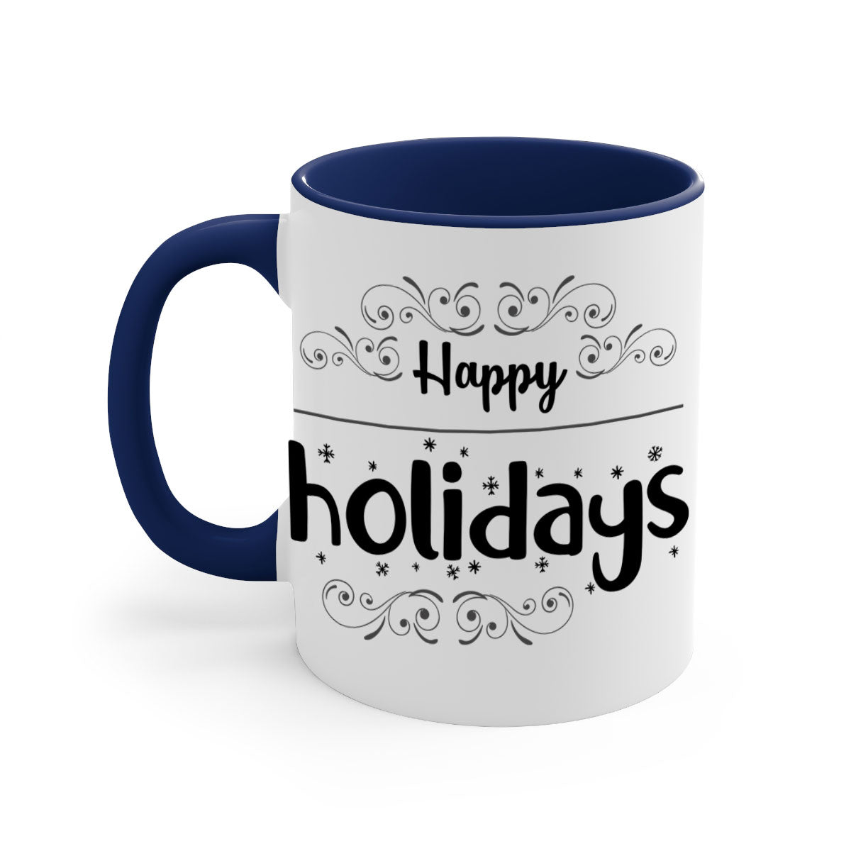 Happy Holidays style 256# Christmas Mug with a glossy finish and colored handle, available in multiple colors.