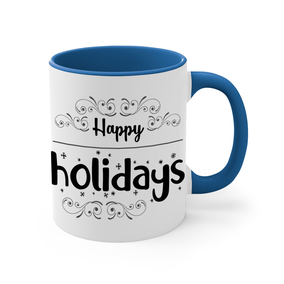 Happy Holidays style 256# Christmas Mug with a glossy finish and colored handle, available in multiple colors.