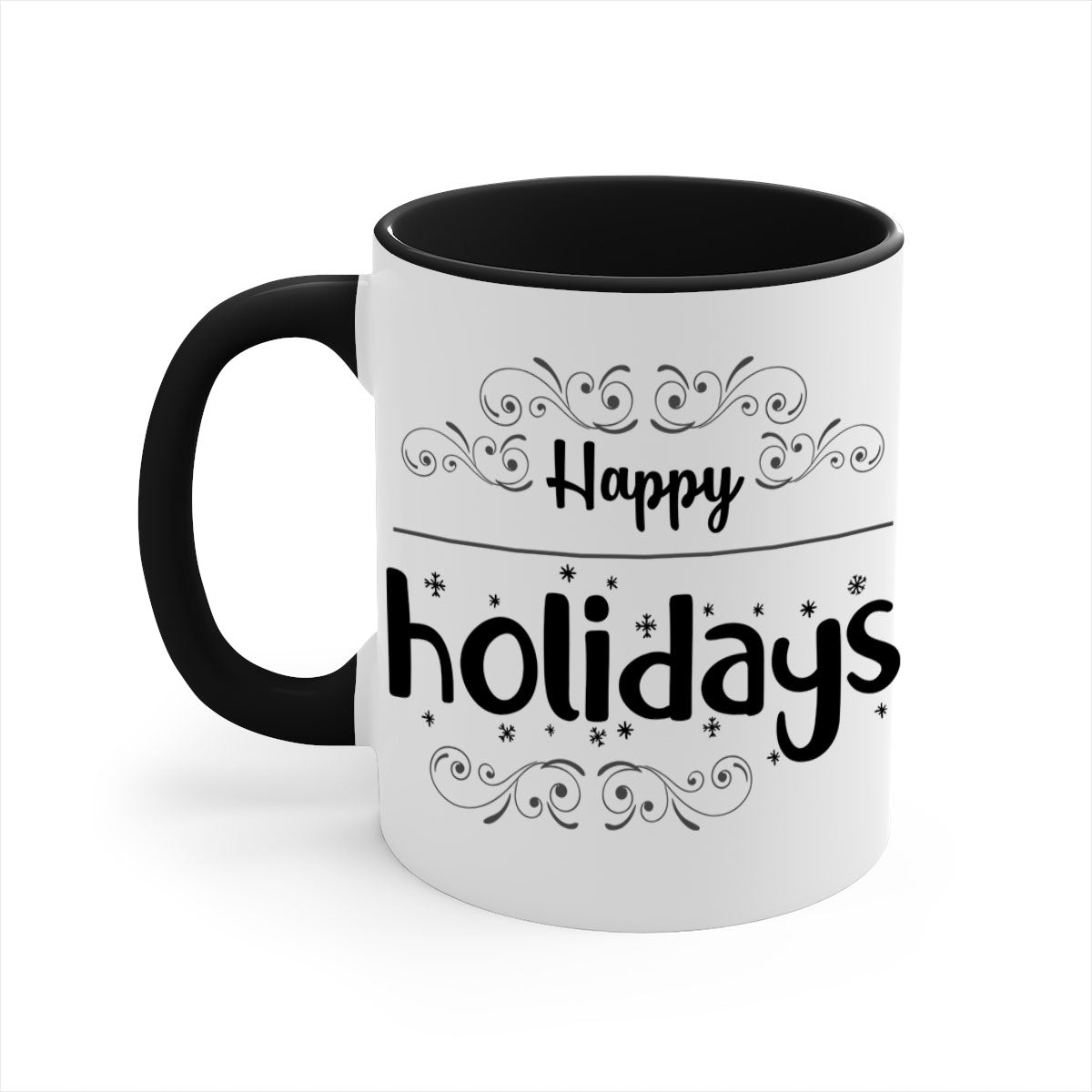 Happy Holidays style 256# Christmas Mug with a glossy finish and colored handle, available in multiple colors.