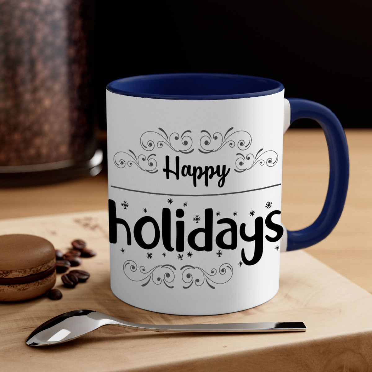 Happy Holidays style 256# Christmas Mug with a glossy finish and colored handle, available in multiple colors.