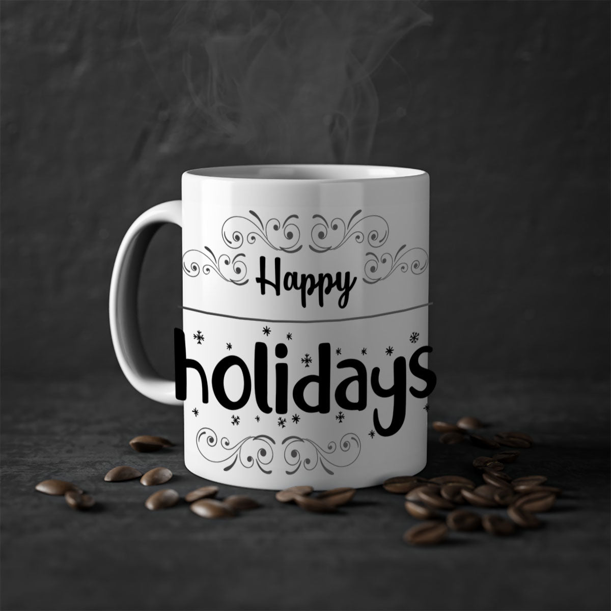 Happy Holidays style 256# Christmas Mug with a glossy finish and colored handle, available in multiple colors.