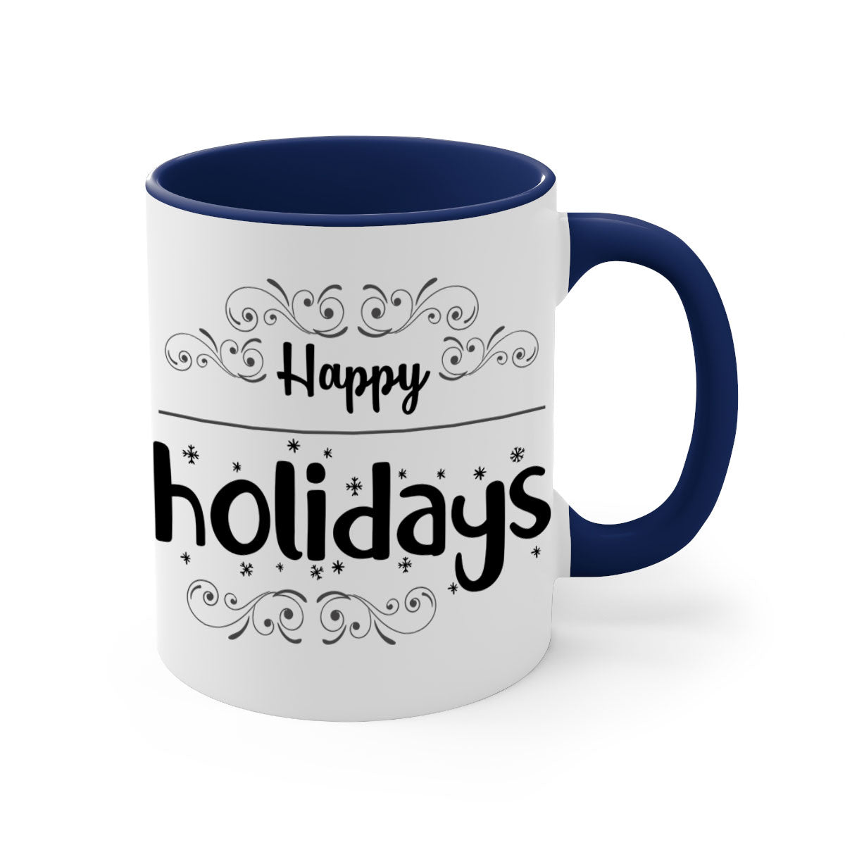 Happy Holidays style 256# Christmas Mug with a glossy finish and colored handle, available in multiple colors.