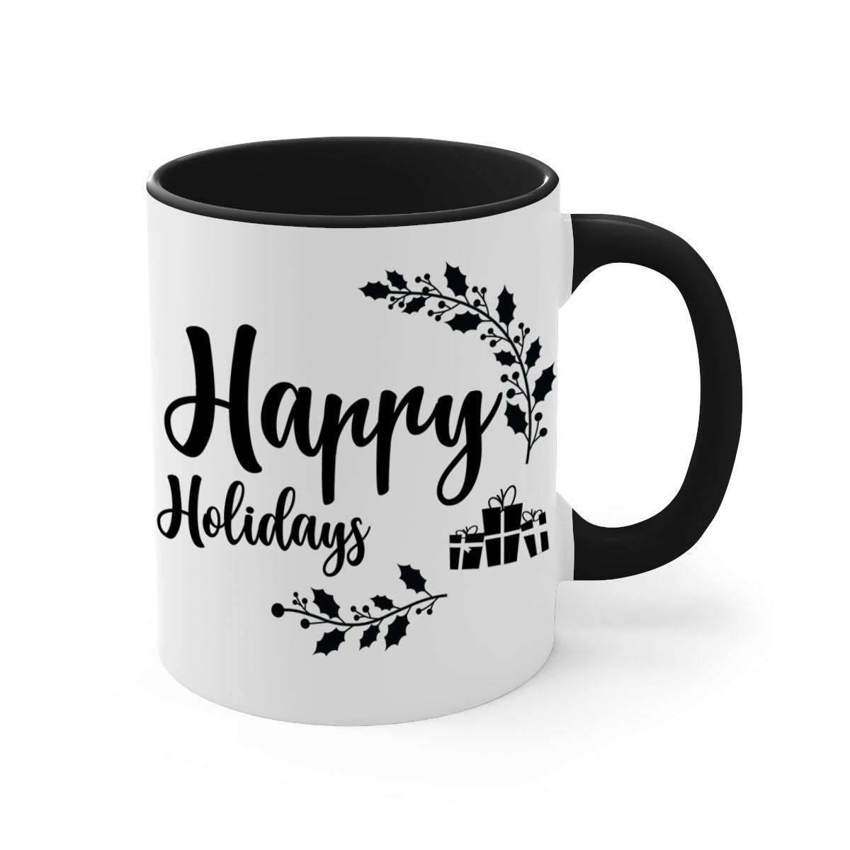 Happy Holidays Style 7# Christmas Mug with colored handle and glossy finish, available in multiple colors.