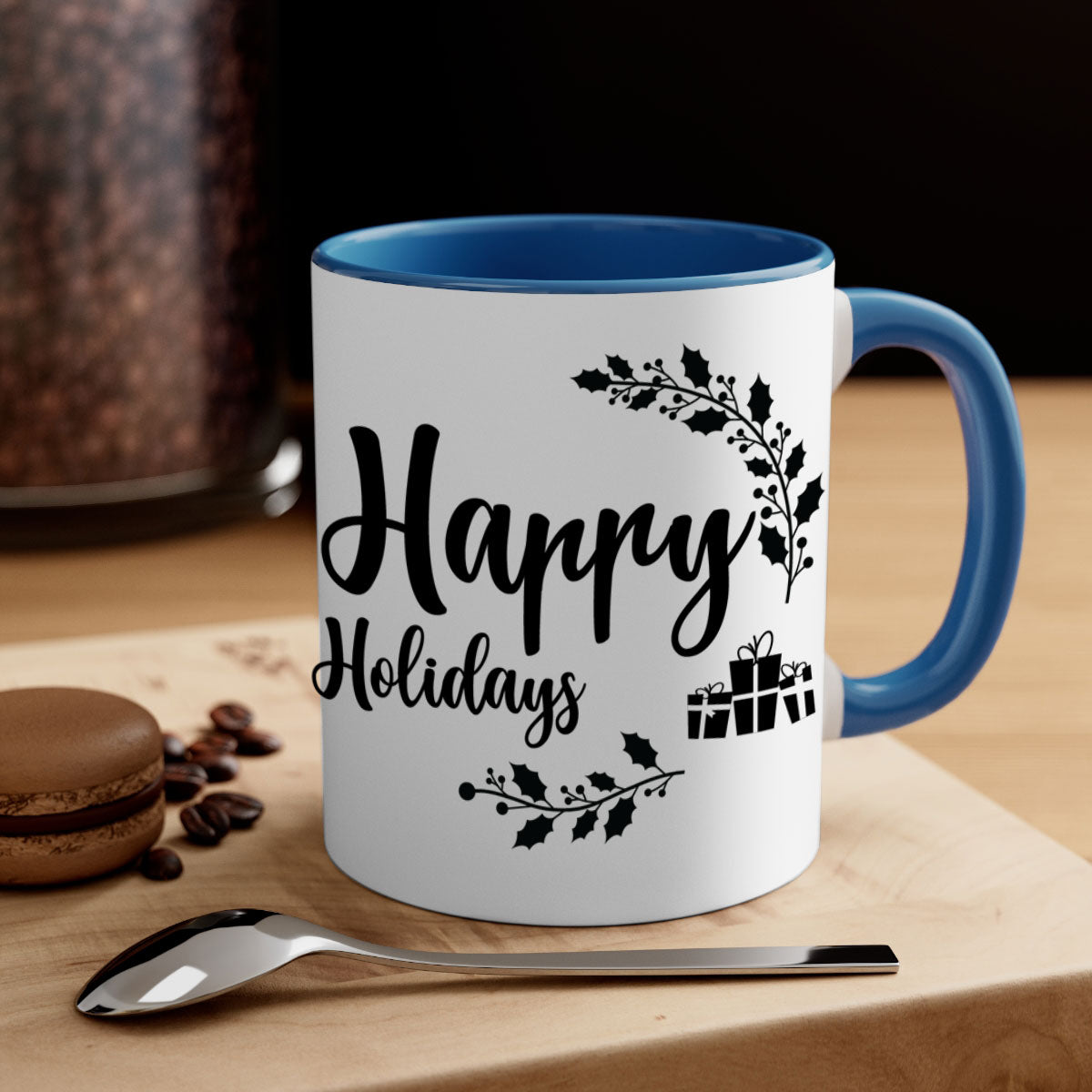 Happy Holidays Style 7# Christmas Mug with colored handle and glossy finish, available in multiple colors.