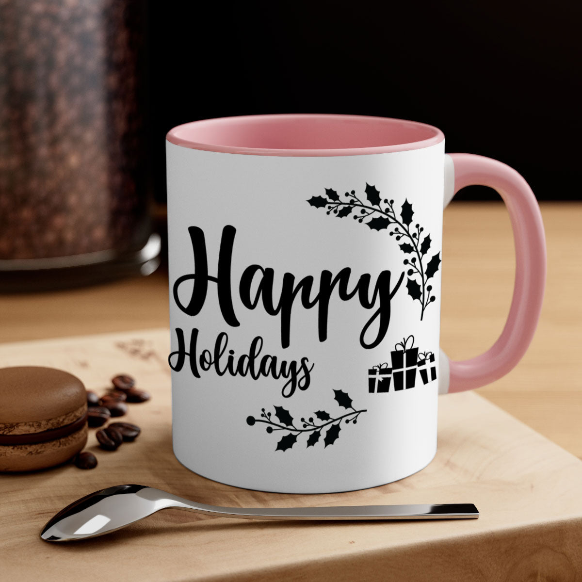 Happy Holidays Style 7# Christmas Mug with colored handle and glossy finish, available in multiple colors.