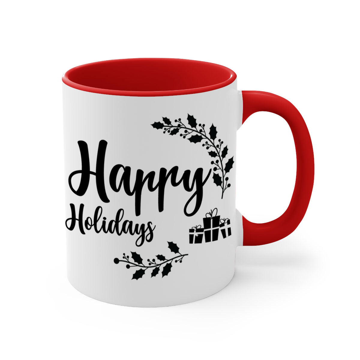 Happy Holidays Style 7# Christmas Mug with colored handle and glossy finish, available in multiple colors.