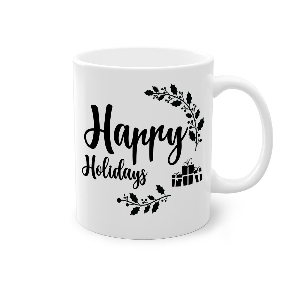 Happy Holidays Style 7# Christmas Mug with colored handle and glossy finish, available in multiple colors.