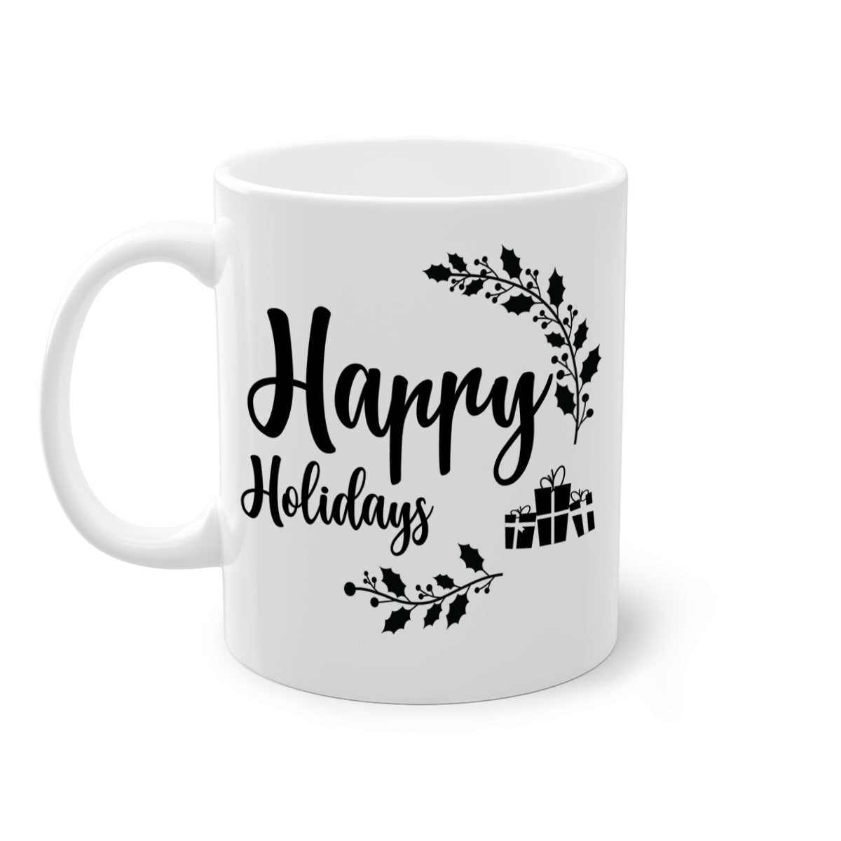 Happy Holidays Style 7# Christmas Mug with colored handle and glossy finish, available in multiple colors.